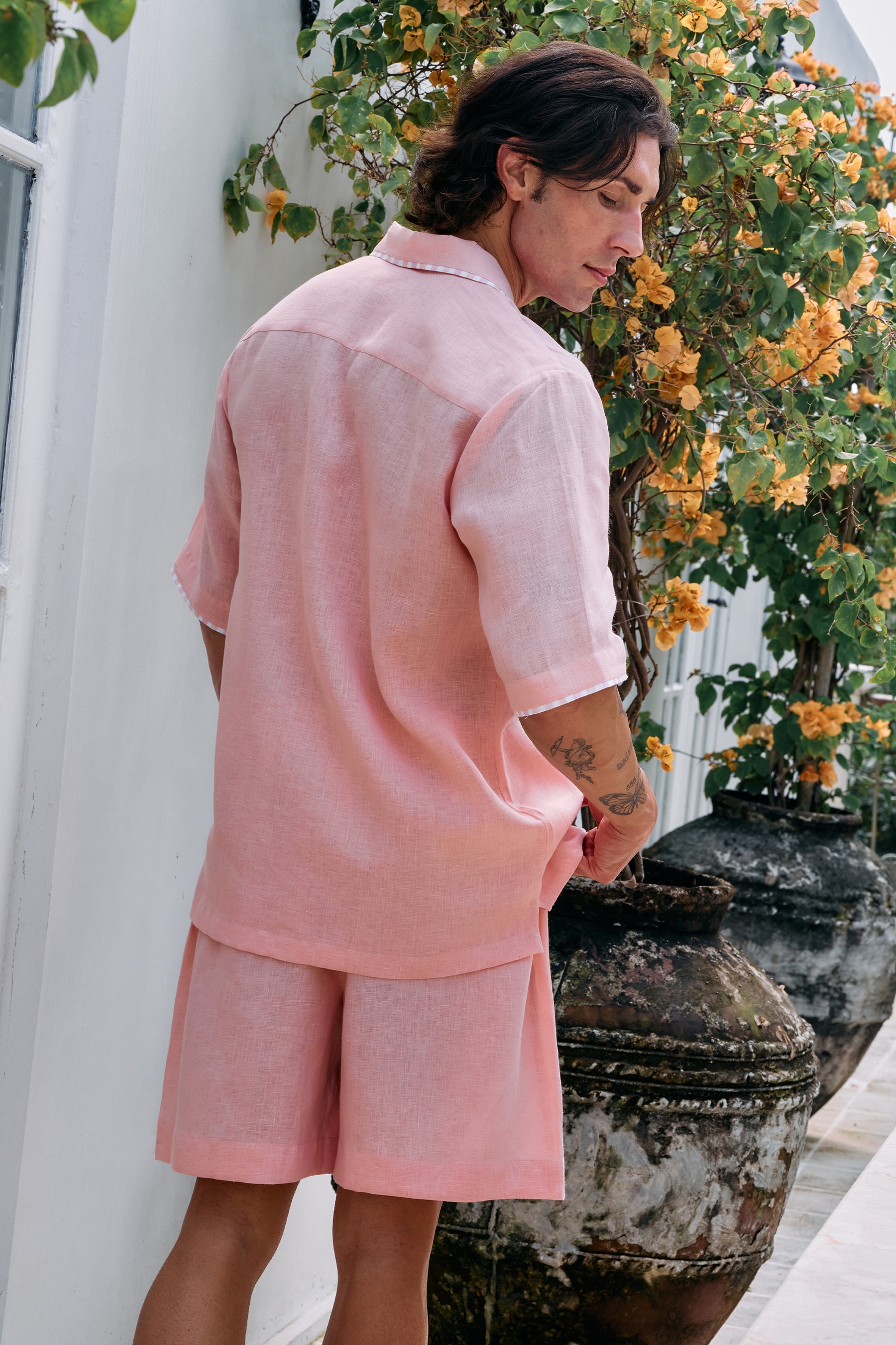 Raspberry Daybreak Camp Collar Linen Shirt for Man