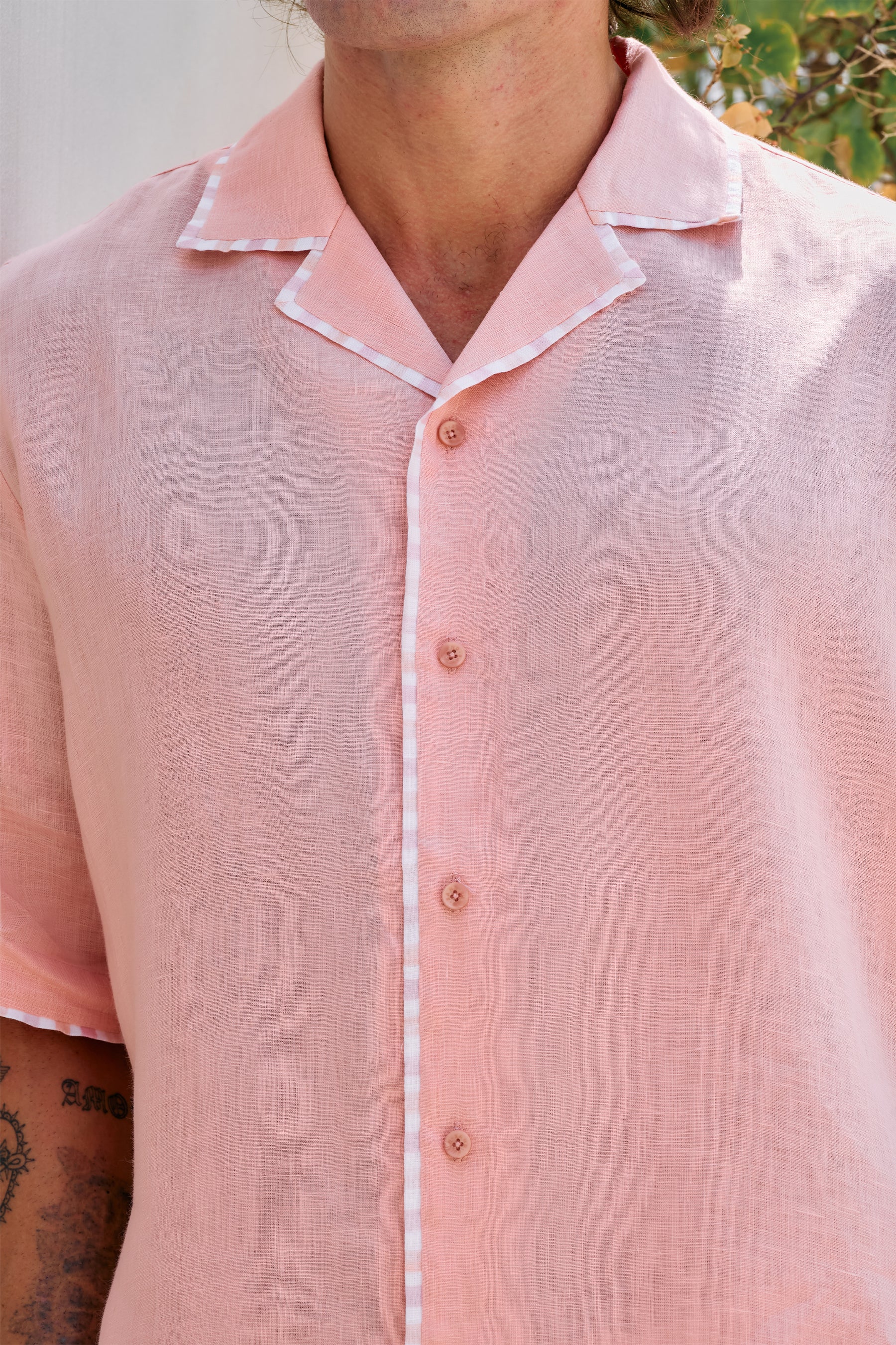 Raspberry Daybreak Camp Collar Linen Shirt for Man