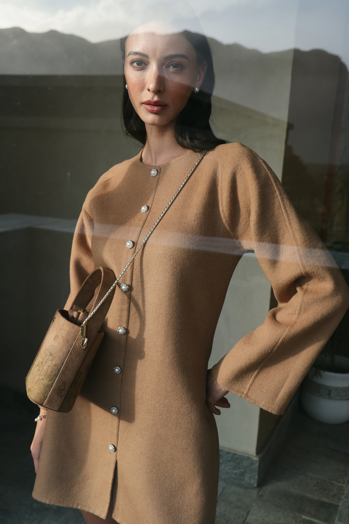 Merino Wool Blend Front Button Short Dress (Caramel)