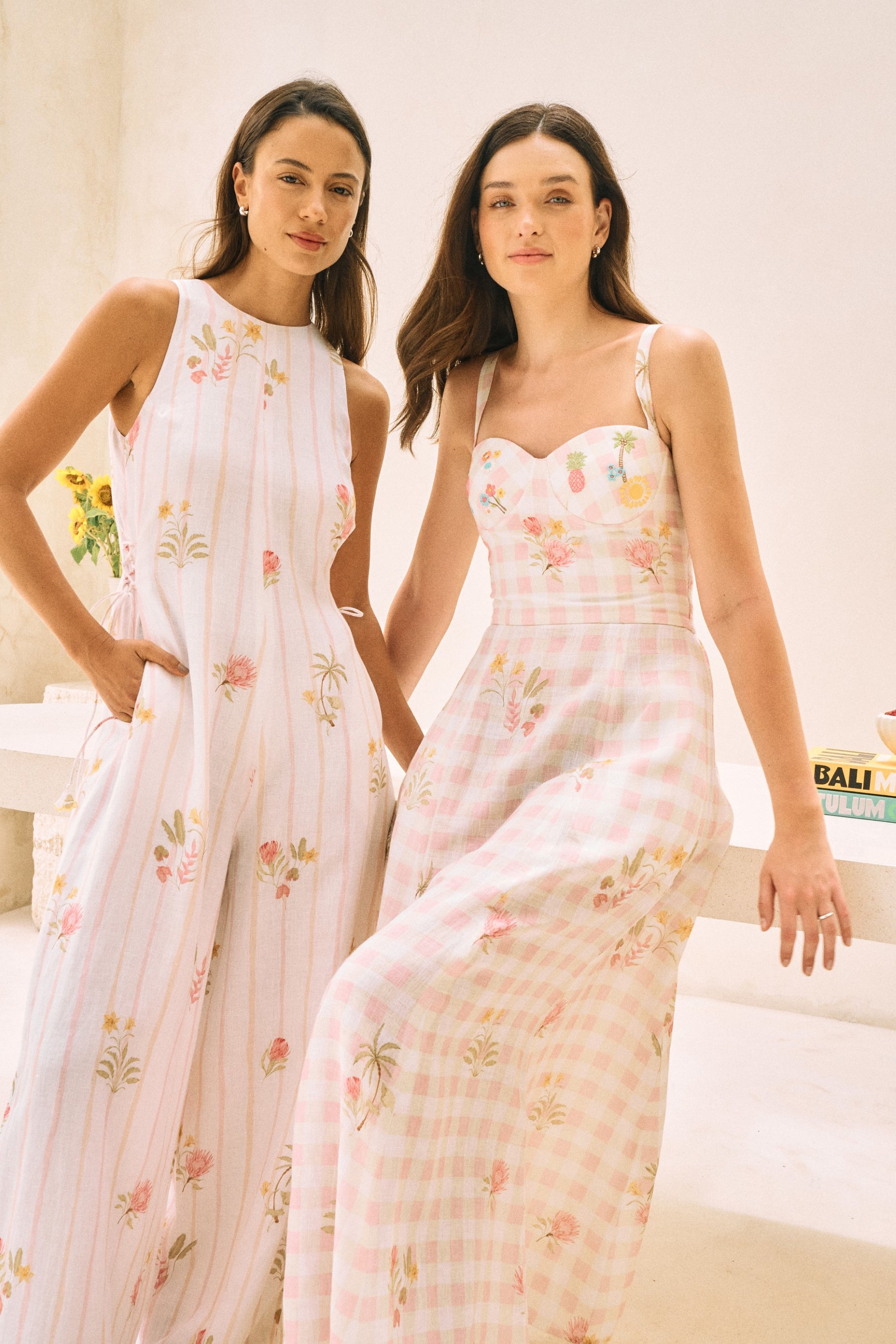 White Floral Print Flowy Linen Midi Postcard Dress