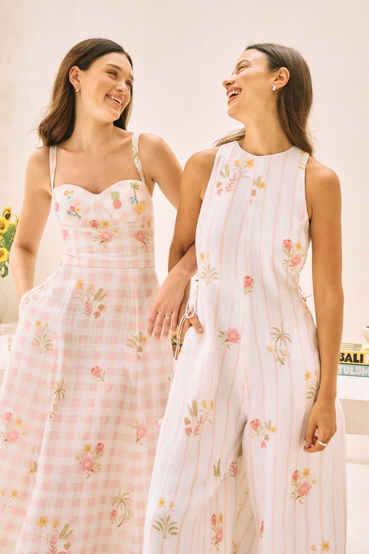 White Floral Print Flowy Linen Midi Postcard Dress