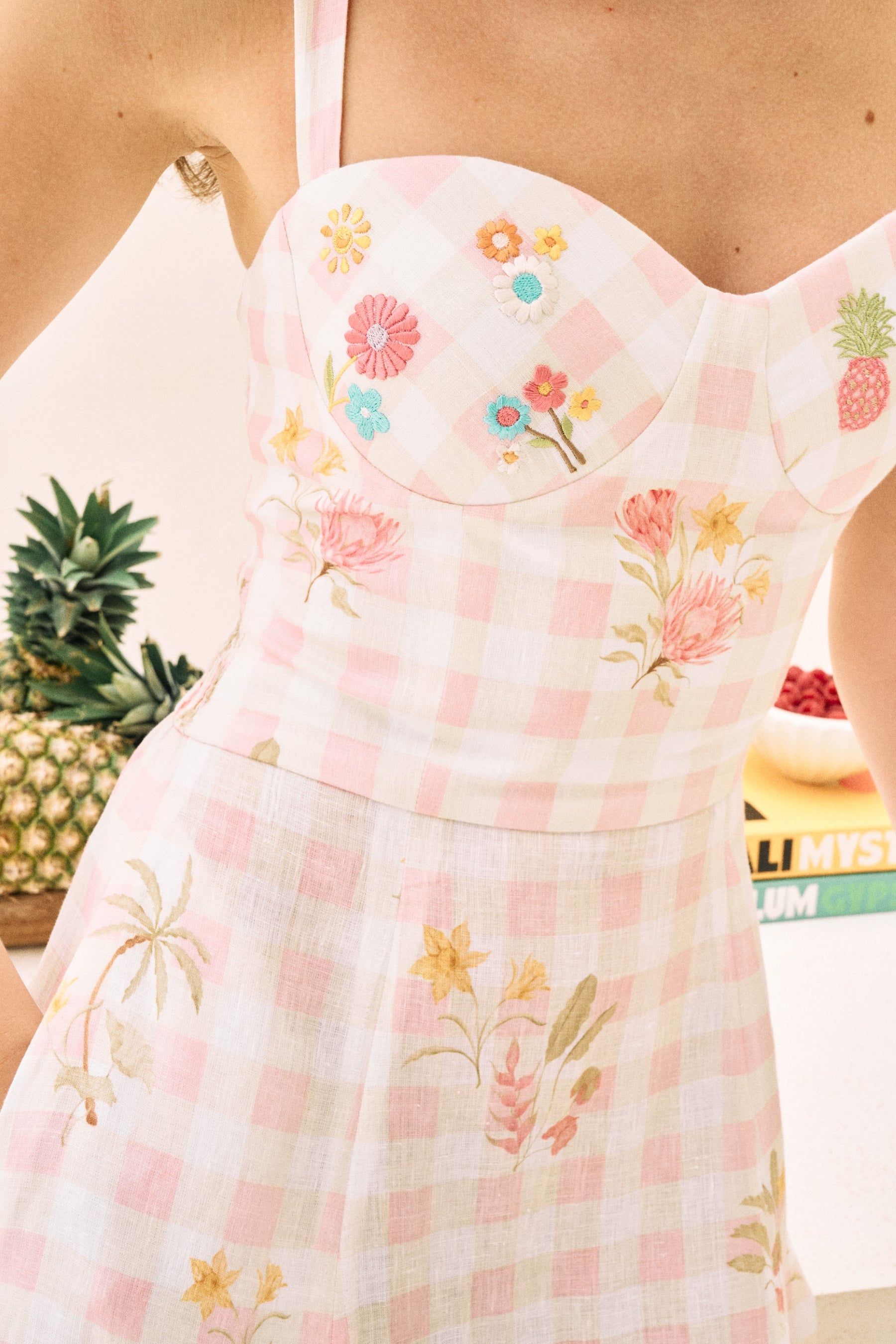 White Floral Print Flowy Linen Midi Postcard Dress