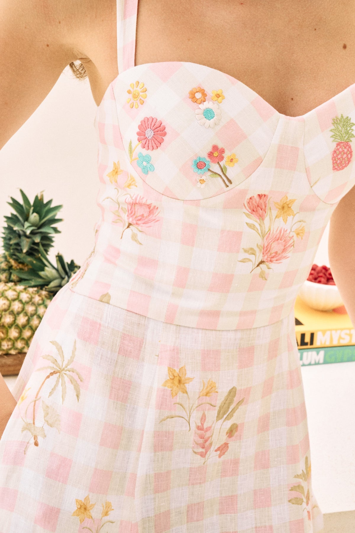 White Floral Print Flowy Linen Midi Postcard Dress