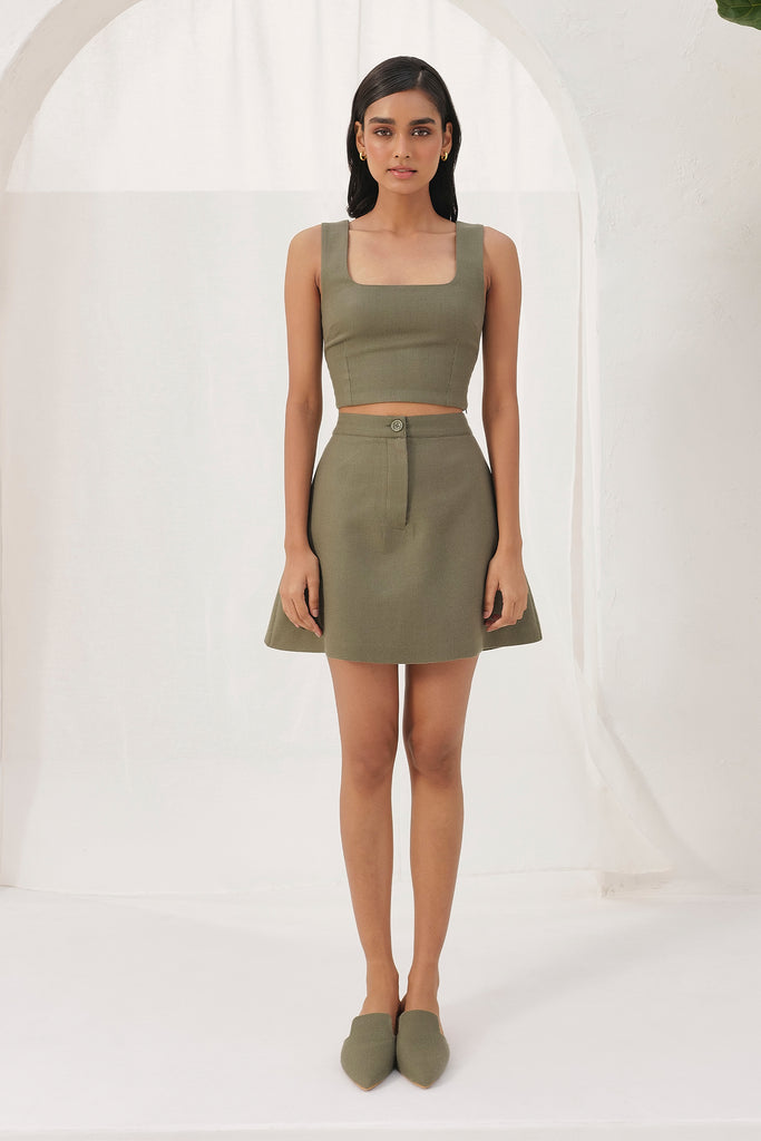 Moss Woollen Short Skirt With Elastic Waist & One Side Pocket