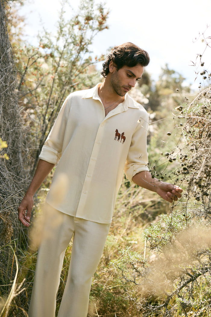 Valley Horse Print Woollen Shirt & Baral Woollen Pants- MAN (Ivory)