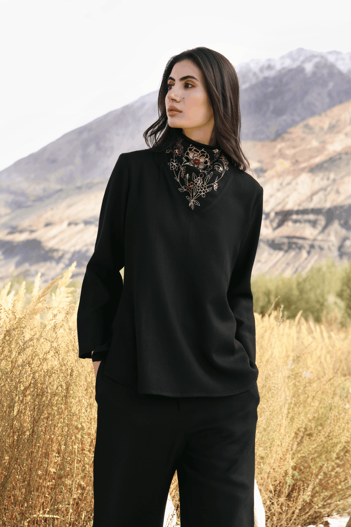 Winter Hush Button Scarf Woollen Top (Black)
