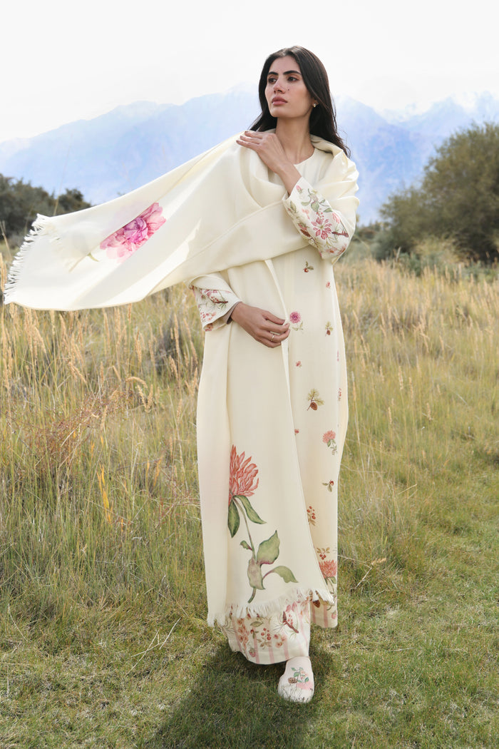 Autumn Bloom Woollen Jumpsuit (Ivory Alpine Botanics) & Day Bloom Woollen Shawl (Ivory Alpine Botanics)