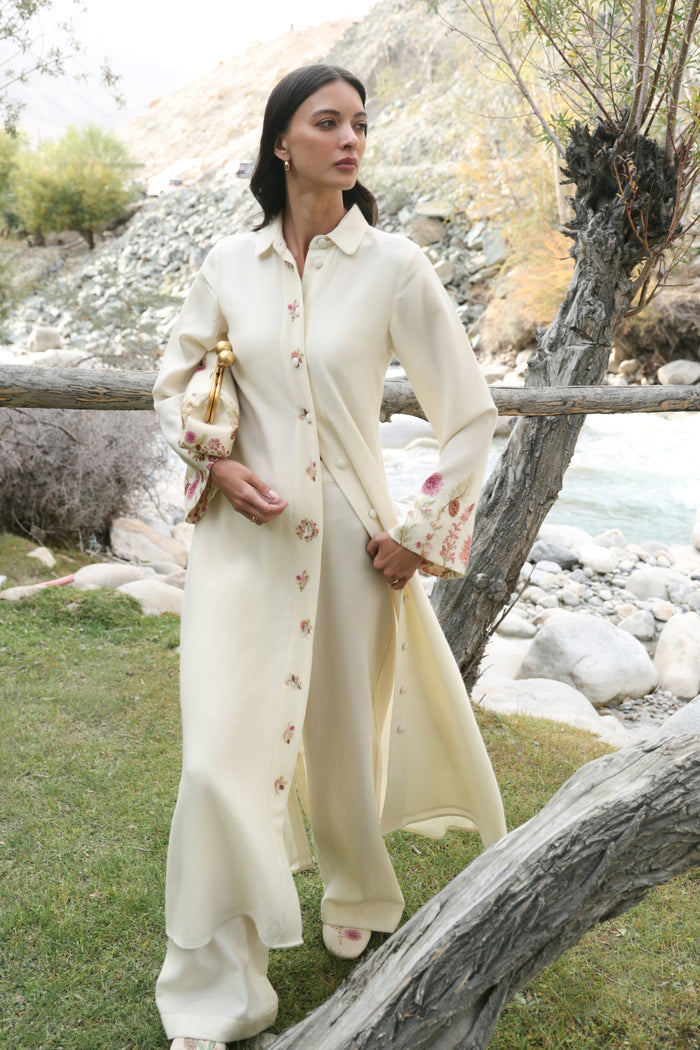 Autumn Bloom Woollen Long Shirt Dress (Ivory Alpine Botanics) & Autumn Bloom Woollen Pants (Ivory Alpine Botanics)