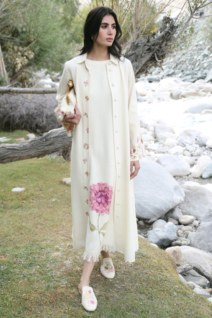 Autumn Bloom Woollen Long Shirt Dress (Ivory Alpine Botanics) & Day Bloom Woollen Dress (Ivory Alpine Botanics)