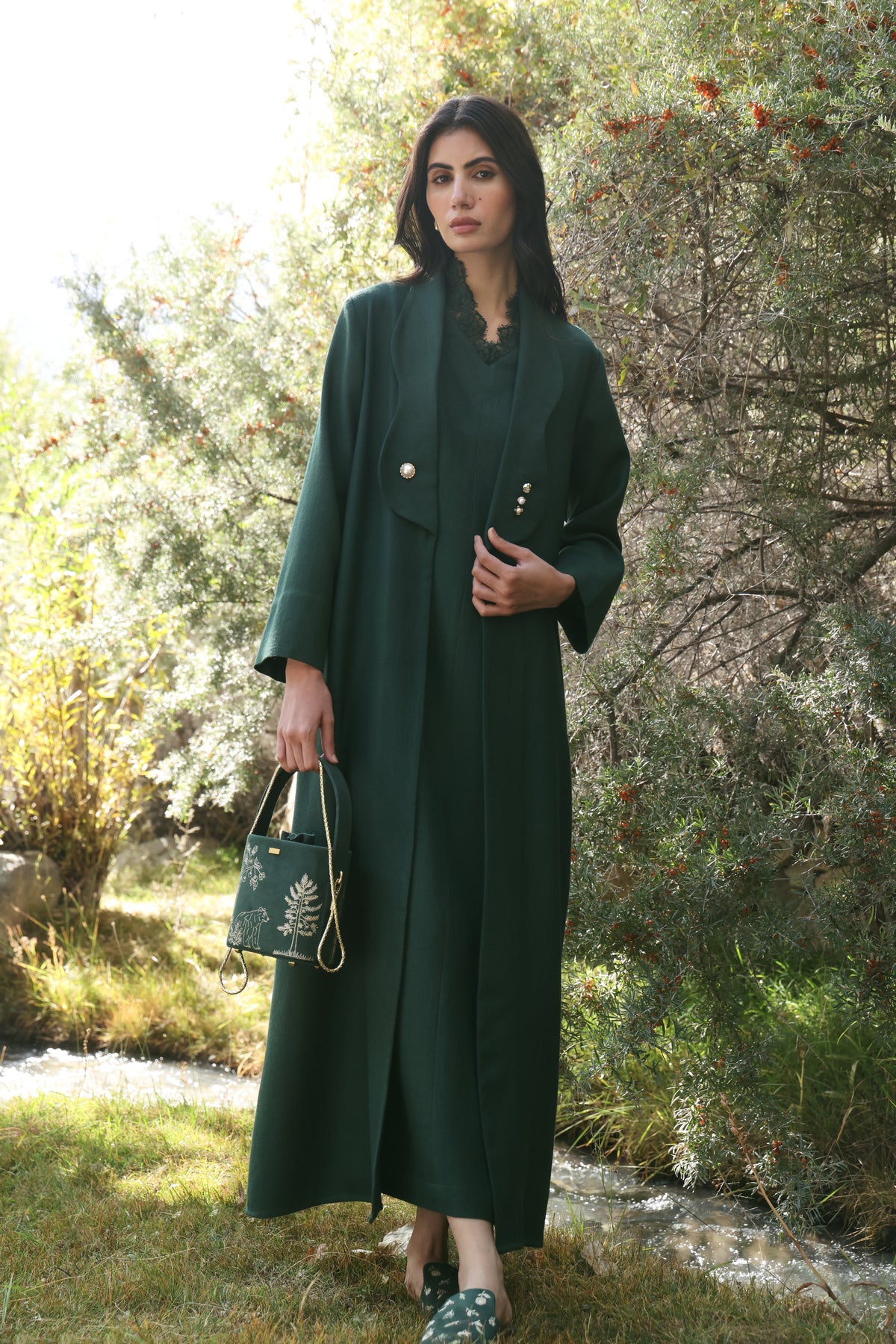 Afterglow Woollen Lace Dress (Forest Pine) & Afterglow Woollen Overlay Jacket (Forest Pine)