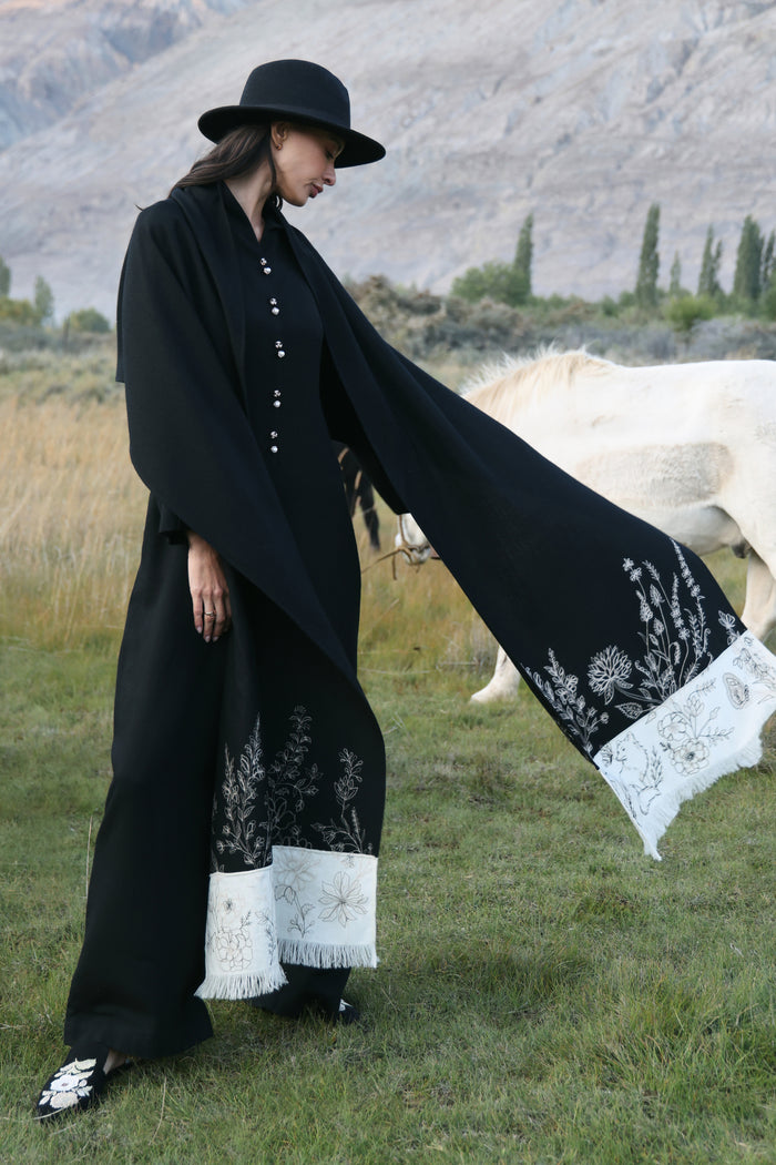 Still Night Woollen Jumpsuit (Black) & Hearth Woollen Shawl (Black & White)
