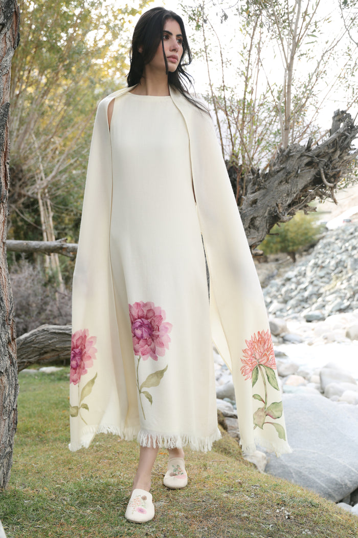 Day Bloom Woollen Dress (Ivory Alpine Botanics) & Day Bloom Woollen Shawl (Ivory Alpine Botanics)