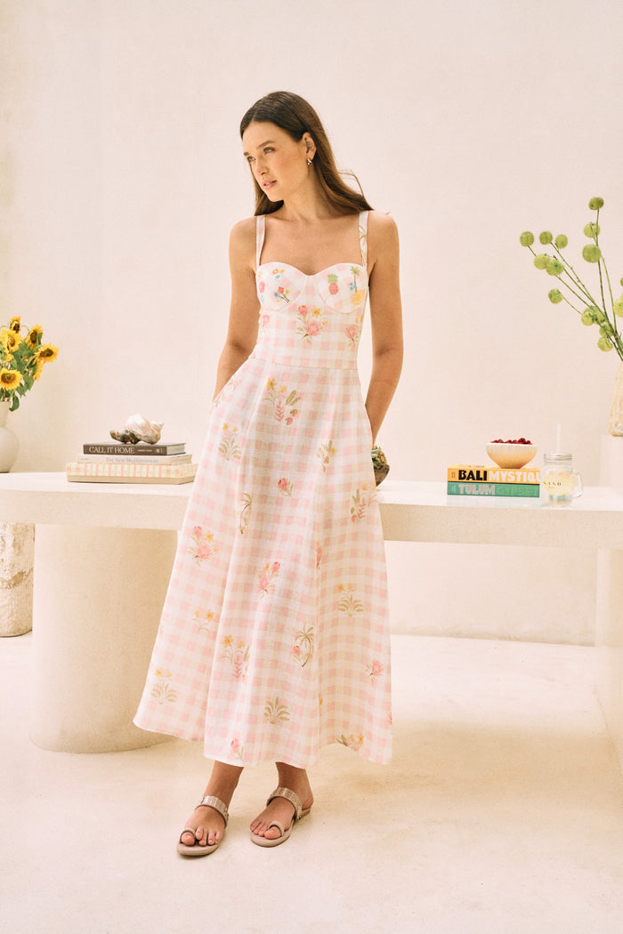 White Floral Print Flowy Linen Midi Postcard Dress