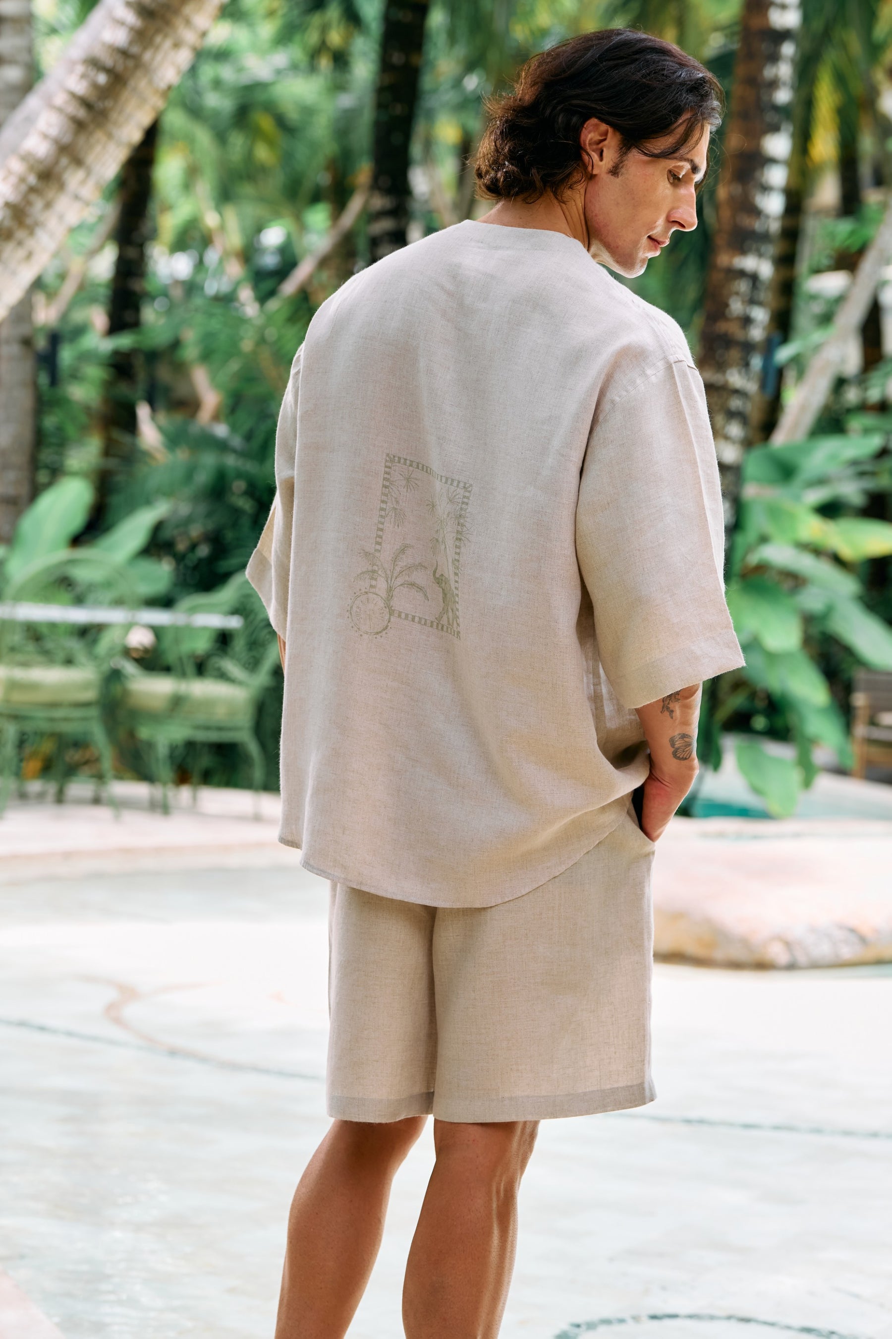Horizon Back Print Shirt (Natural & Sage) & At Ease Shorts- Man (Natural)