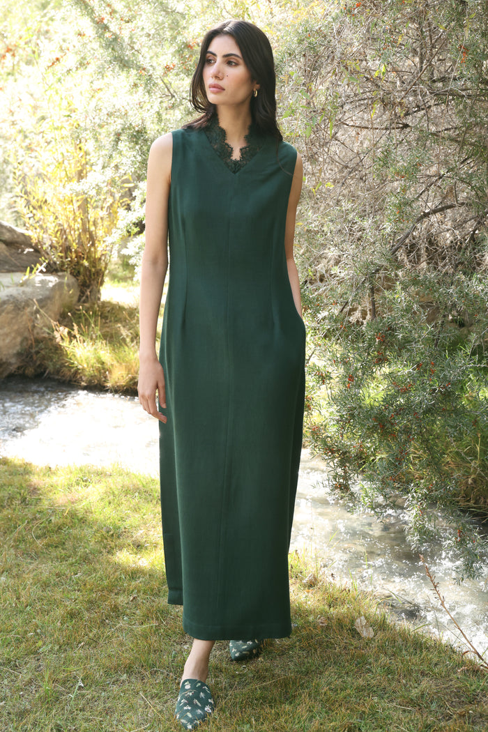 Afterglow Woollen Lace Dress (Forest Pine)