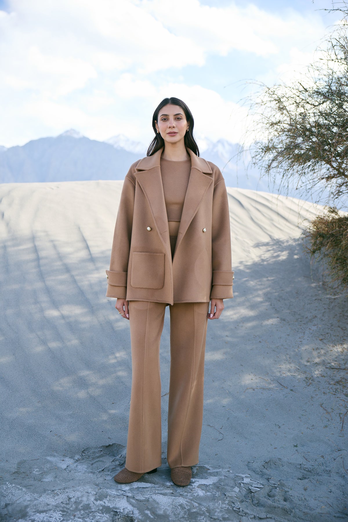 Cashmere-Silk-Merino Blend Short Coat & Cashmere-Silk-Merino Blend Pants (Warm Honey)