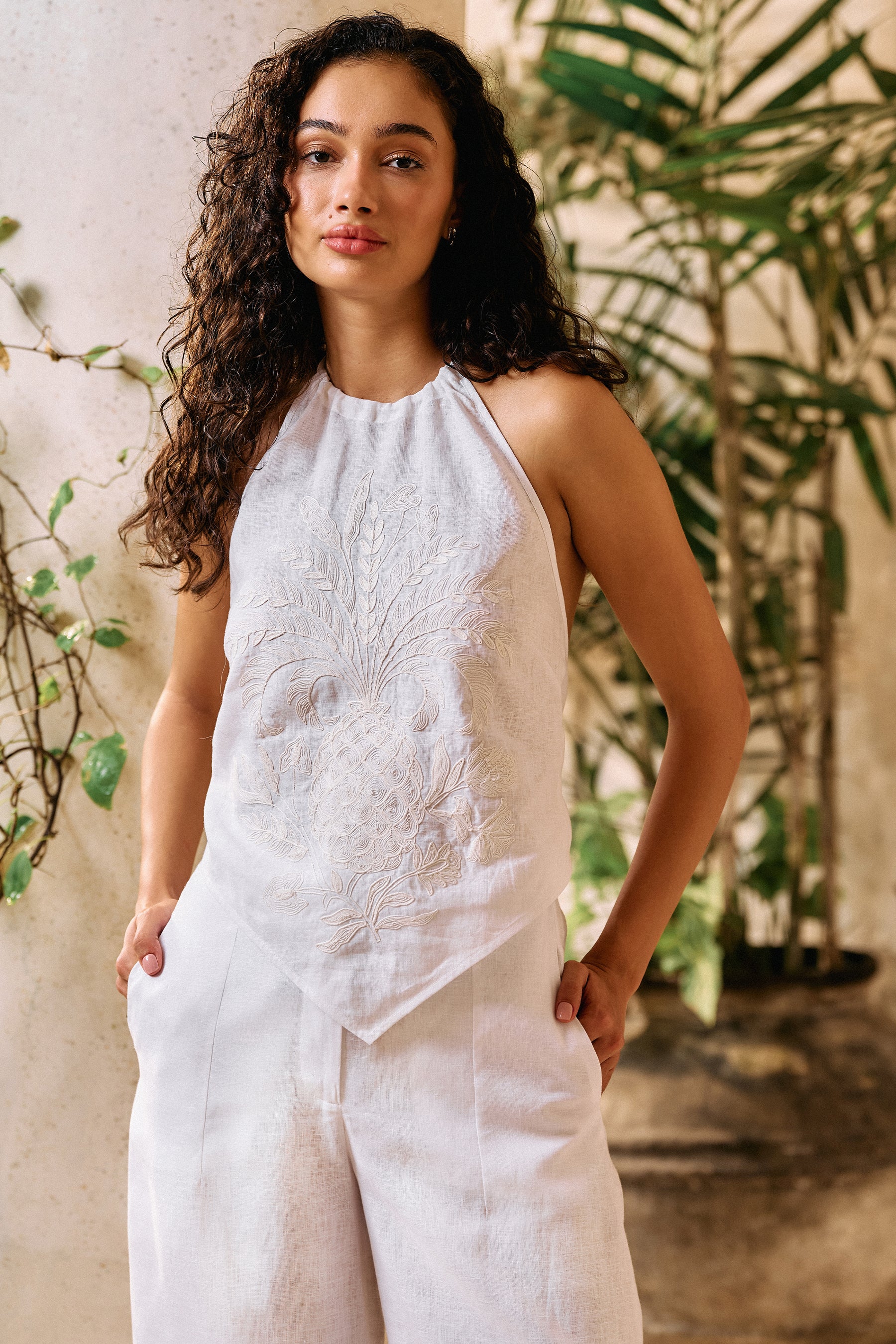 White Pineapple Bare Back Organic Linen Top
