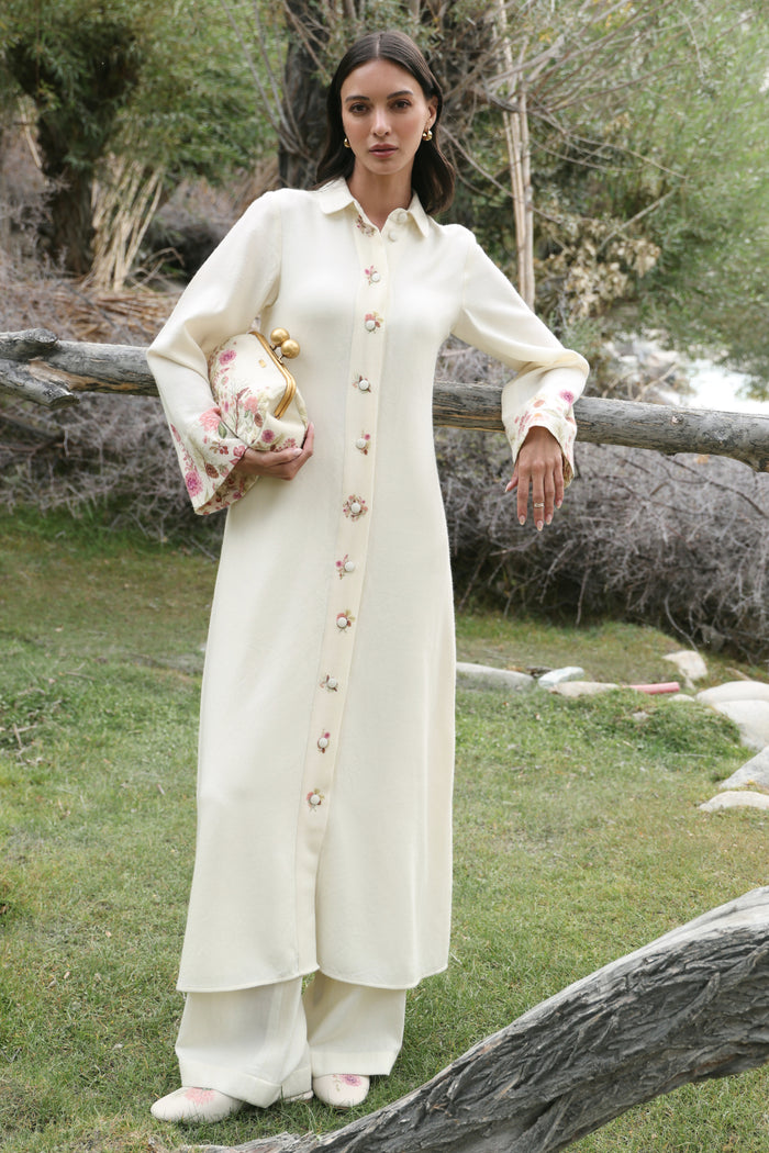 Autumn Bloom Woollen Long Shirt Dress (Ivory Alpine Botanics)