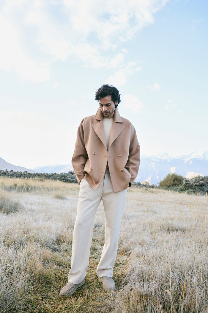 Cashmere-Silk-Merino Blend Short Coat (Warm Honey) & Merino Wool Blend New Trousers- MAN (Oatmeal)