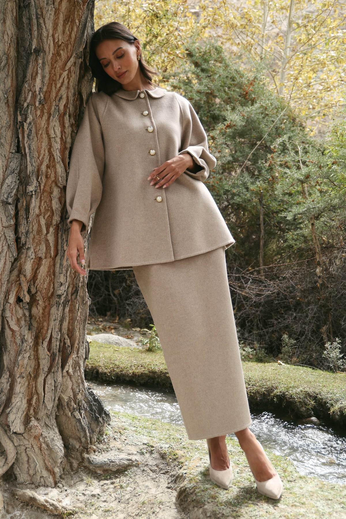 Cashmere-Silk-Merino Blend Column Skirt (Winter Oat)