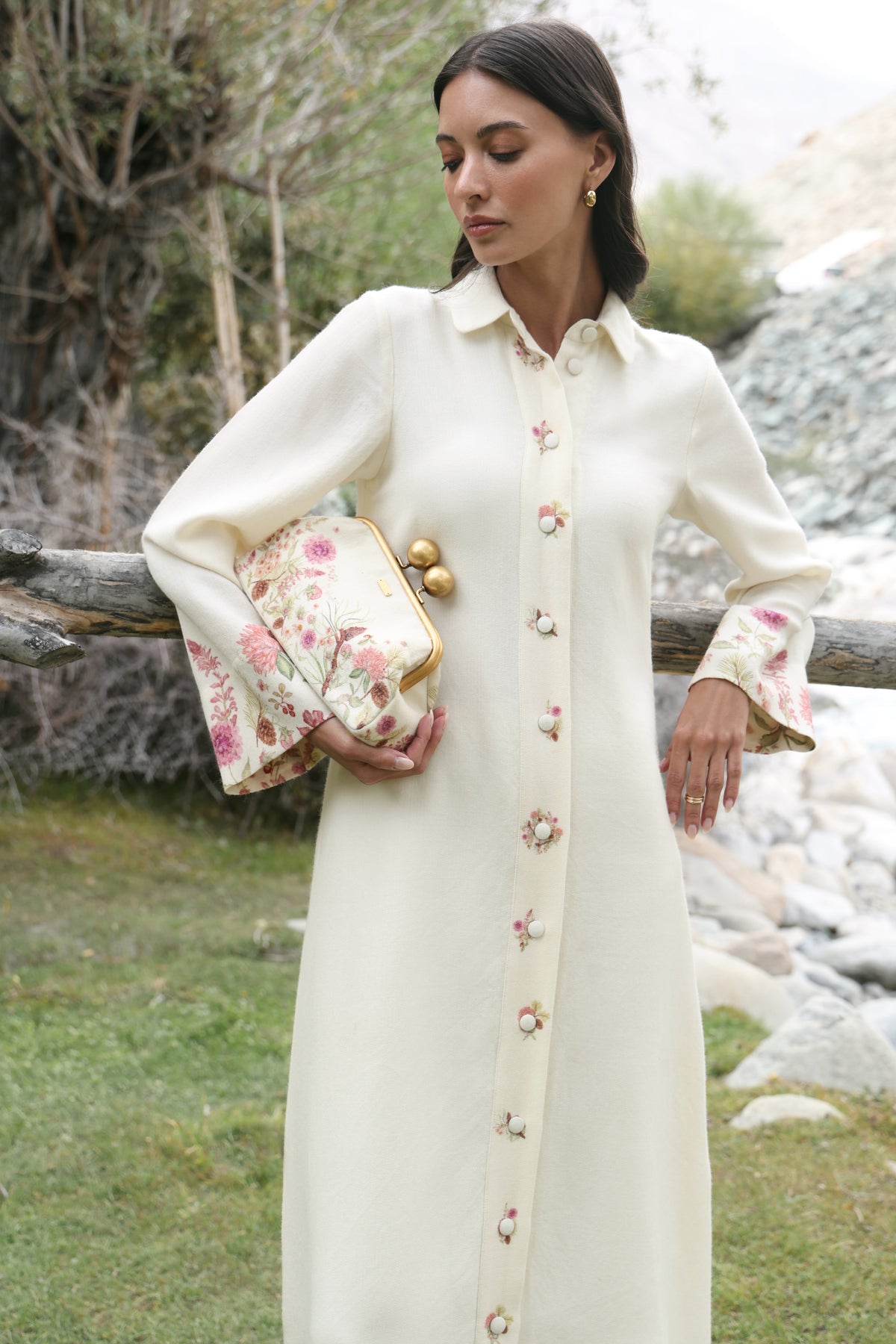 Autumn Bloom Woollen Long Shirt Dress (Ivory Alpine Botanics)