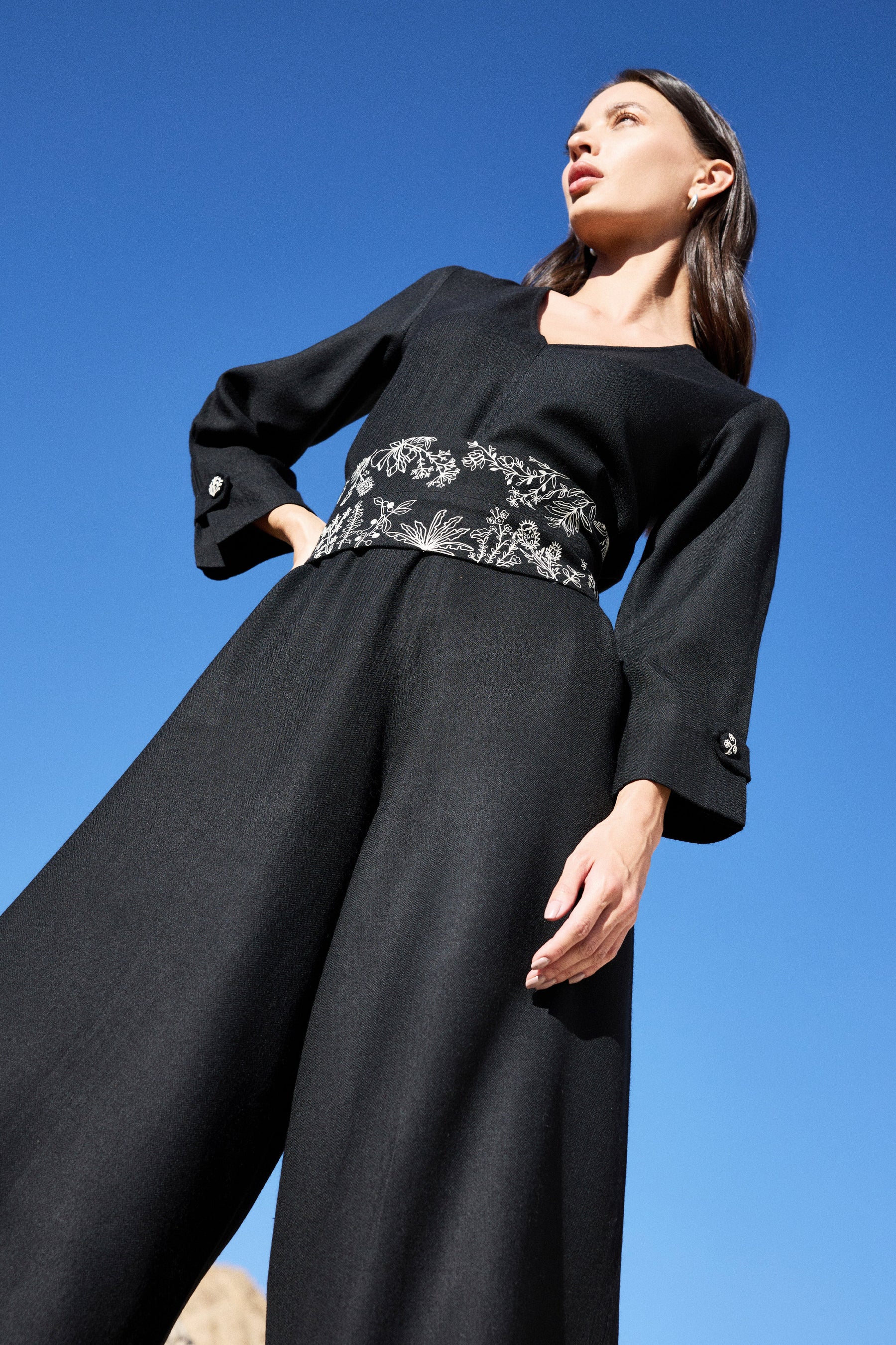 Zanskar Woollen Jumpsuit (Black) & Sand Iconic Woollen Himalayan Landscape Scarf (Ivory & Black)