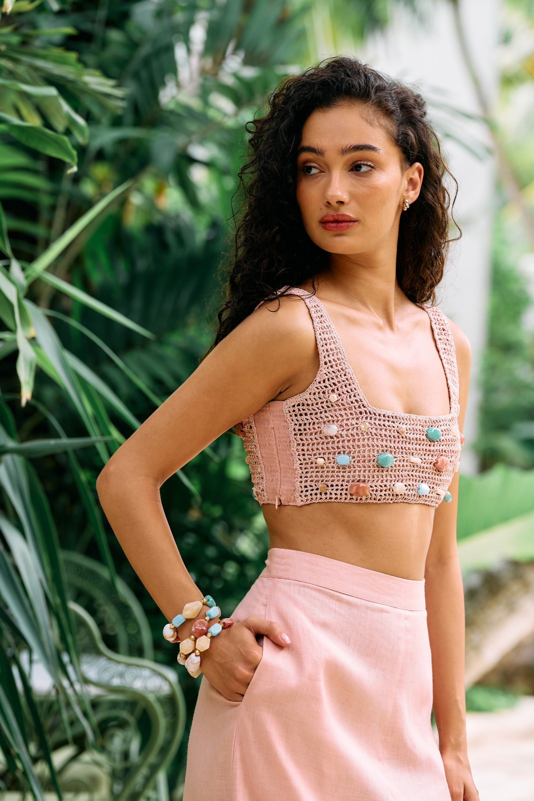 Pink Raffia Coastal Dream Linen Bandeau Top