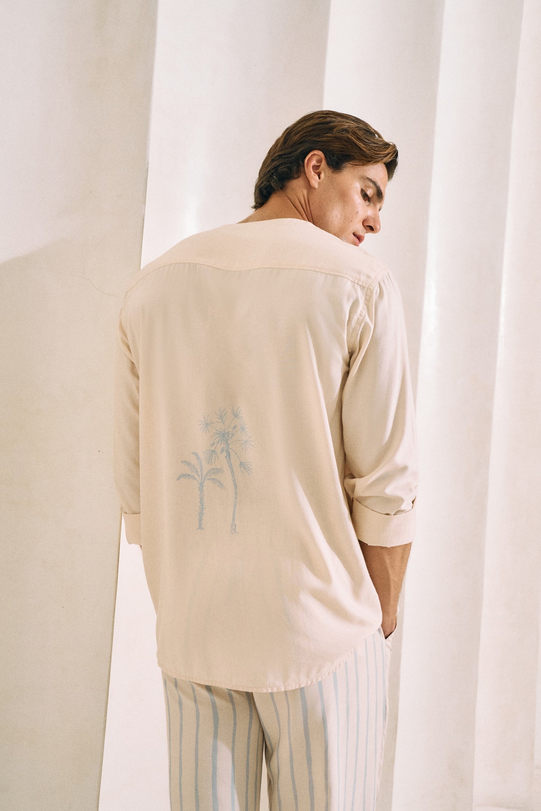 Oasis Eucalyptus Shirt (Ecru & Spring Blue) & Oasis Print Pants- Man (Spring Blue Stripe)