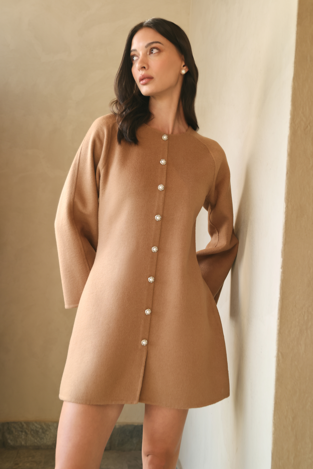 Merino Wool Blend Front Button Short Dress (Caramel)