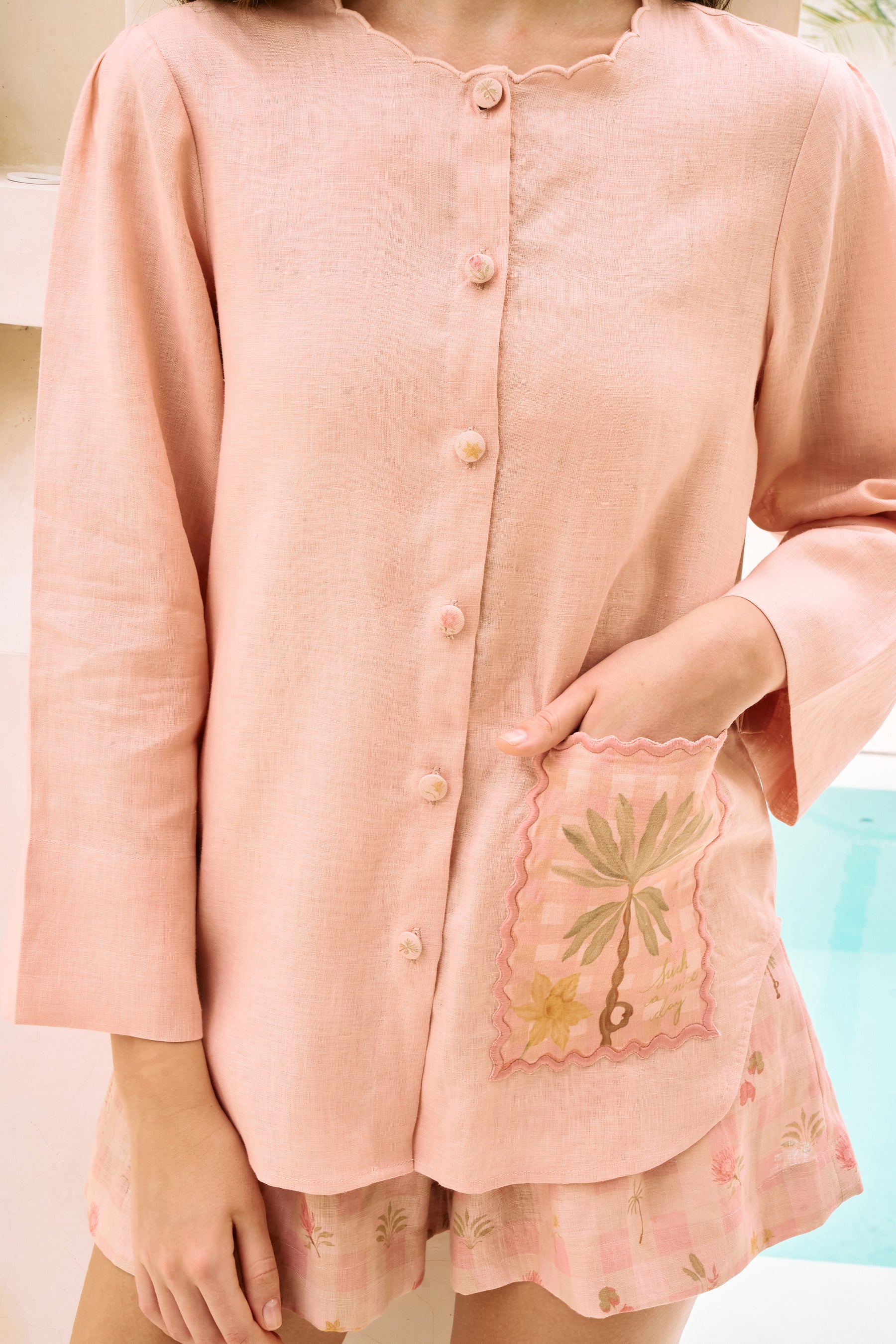 Summer Cooler Shirt & Daydream Shorts (Dusty Pink Postcards Print)