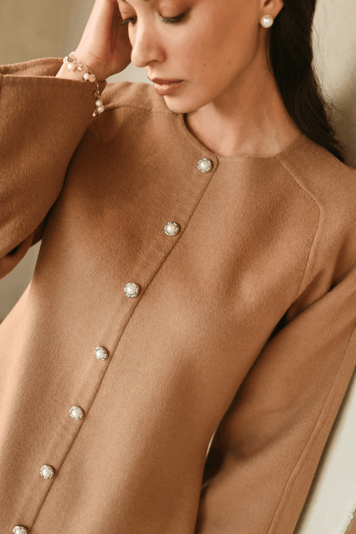 Merino Wool Blend Front Button Short Dress (Caramel)
