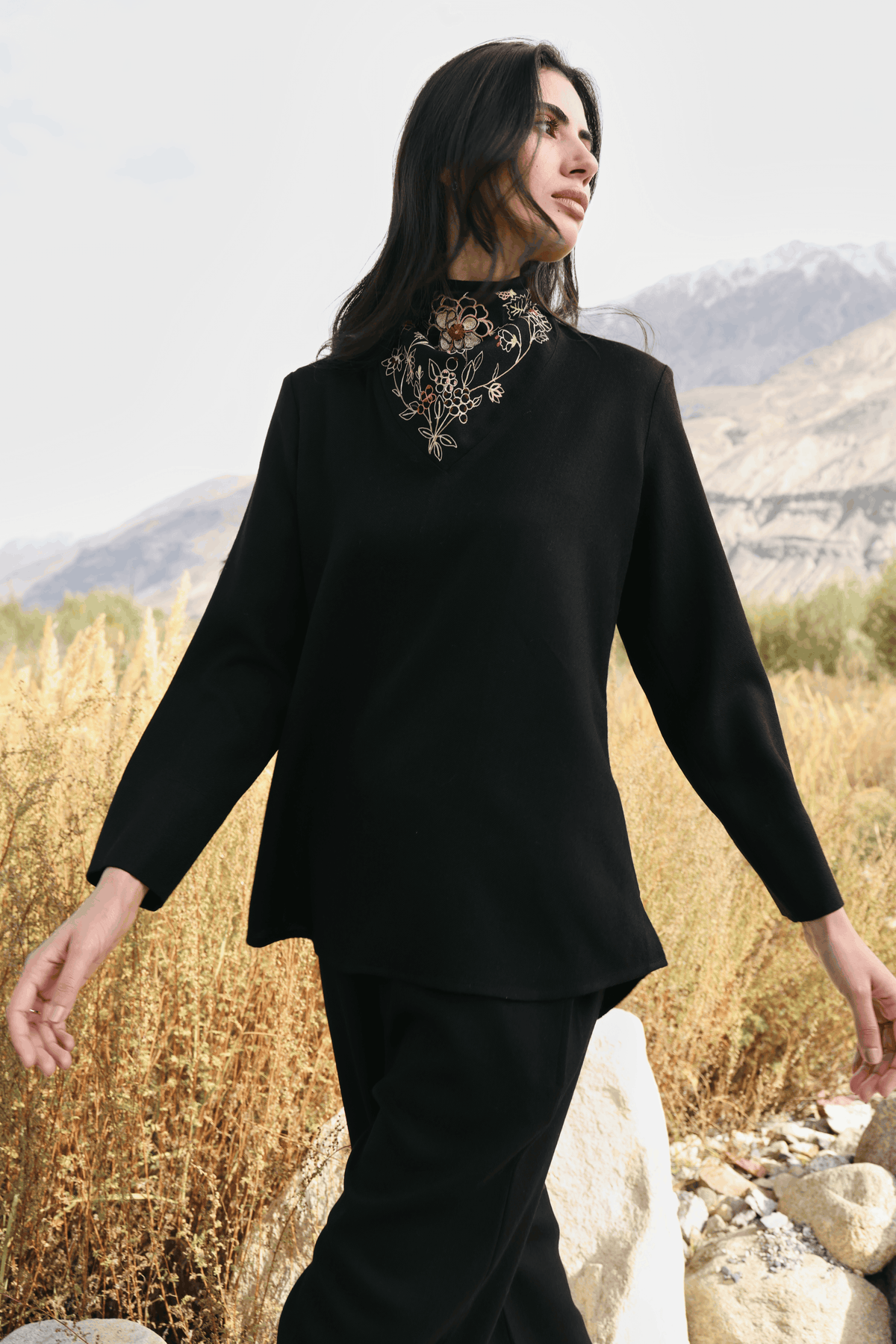 Winter Hush Button Scarf Woollen Top (Black)