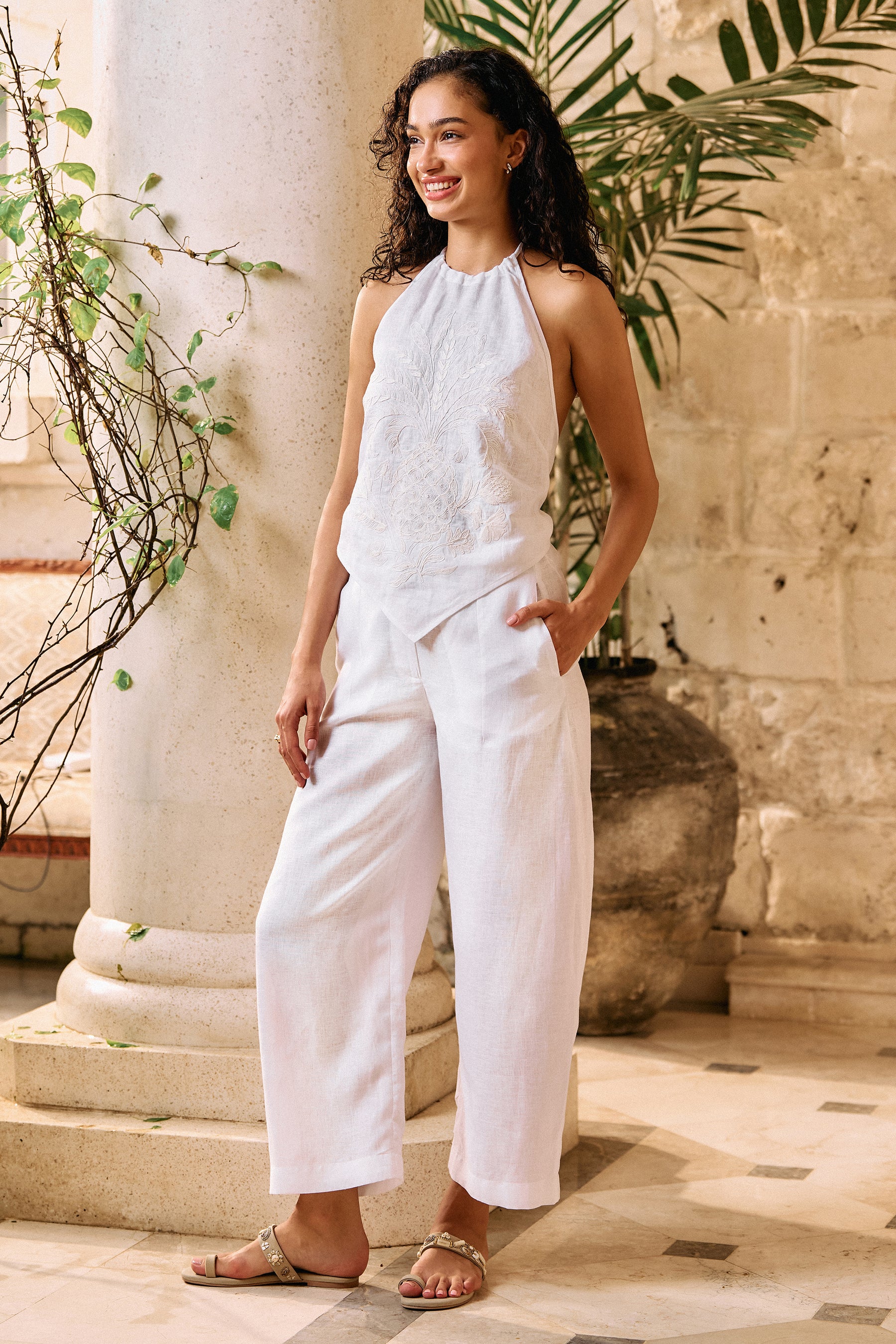 Pineapple Bare Back Top & Wandering Pants (White)