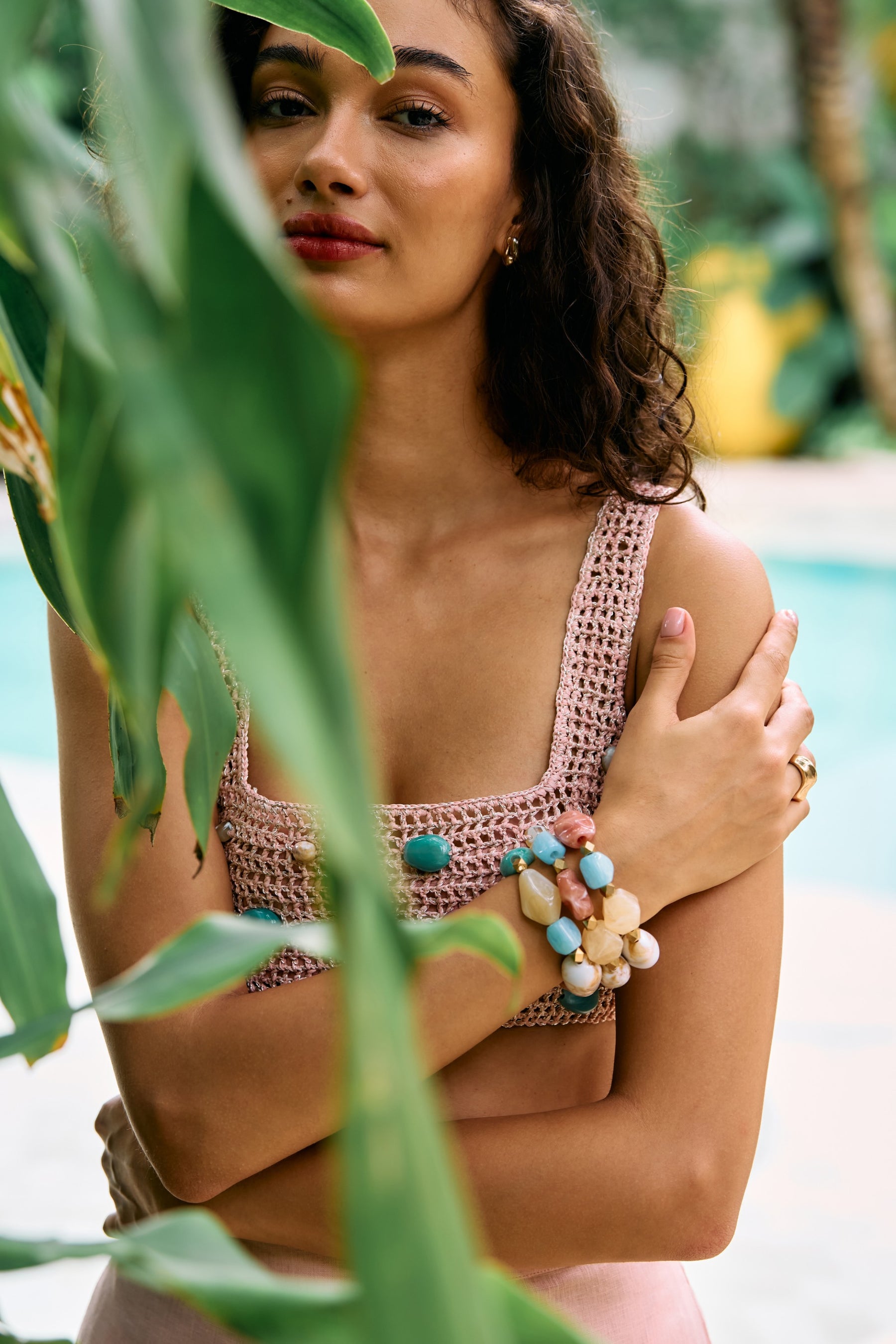 Pink Raffia Coastal Dream Linen Bandeau Top