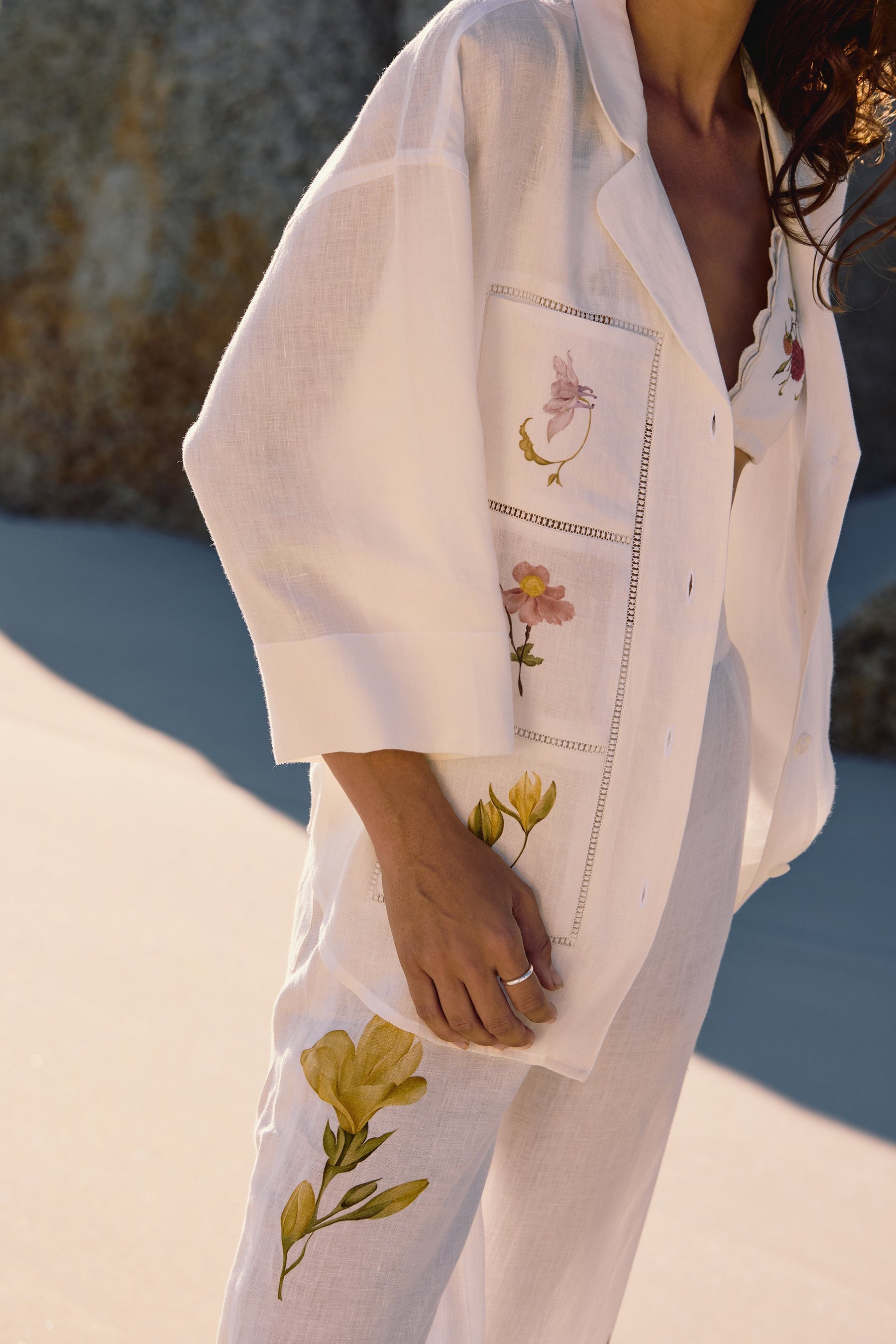 SAND Linen Savanna Shirt (White Floral & Lace) & SAND Savanna Pants (Floral White)
