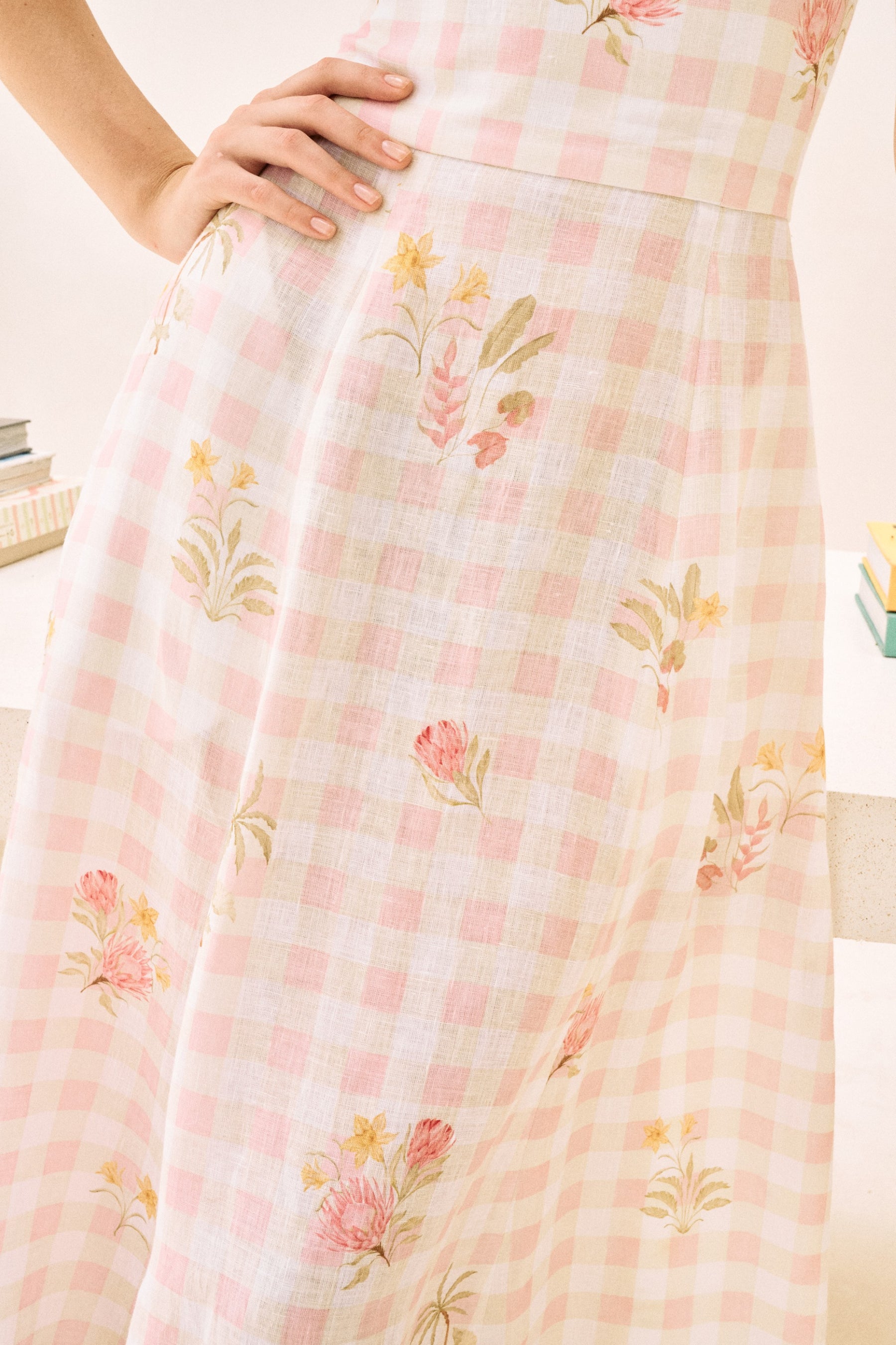 White Floral Print Flowy Linen Midi Postcard Dress