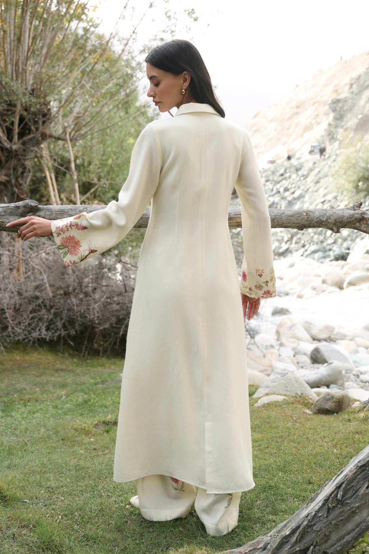Autumn Bloom Woollen Long Shirt Dress (Ivory Alpine Botanics)