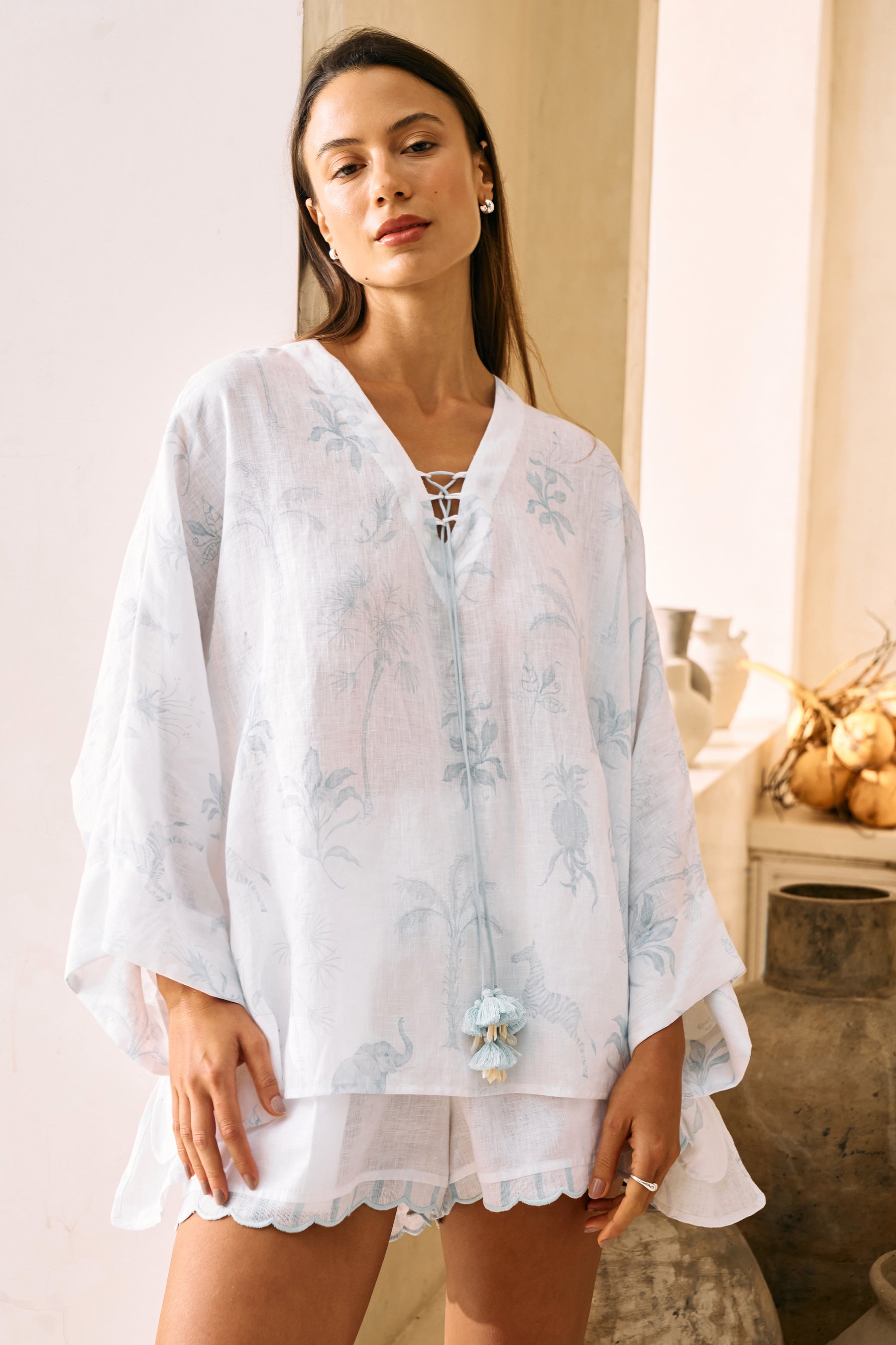 Oasis Print One Size Top & Pause Shorts (Oasis Blue And White Print)