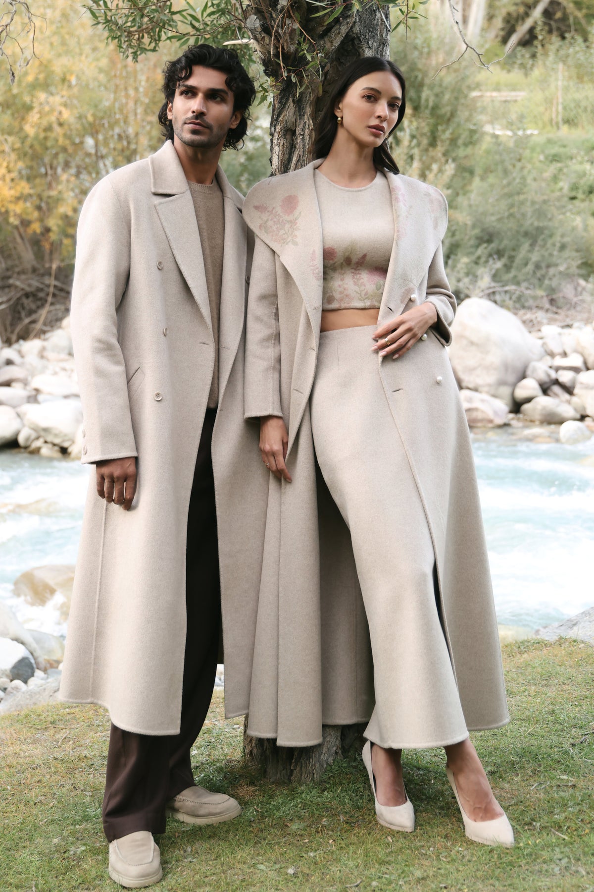 Cashmere-Silk-Merino Blend Print Bandeau (Winter Oat) & Cashmere-Silk-Merino Blend Column Skirt (Winter Oat)