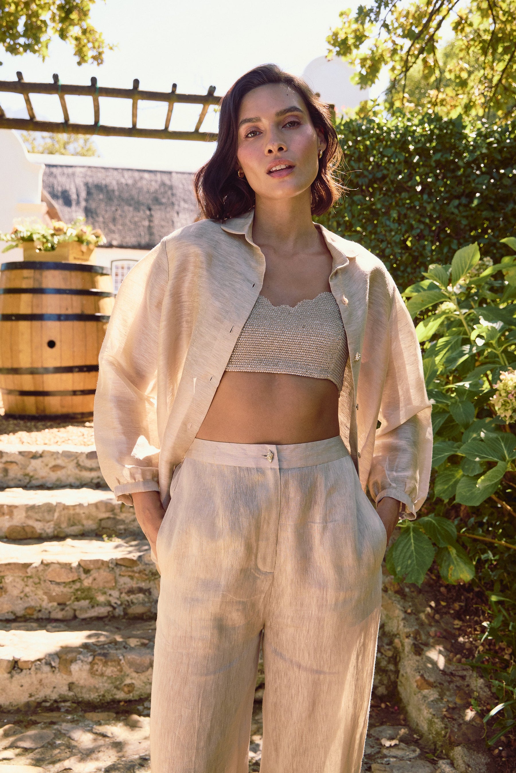Almond Sousse Linen Silk Bandeau Top