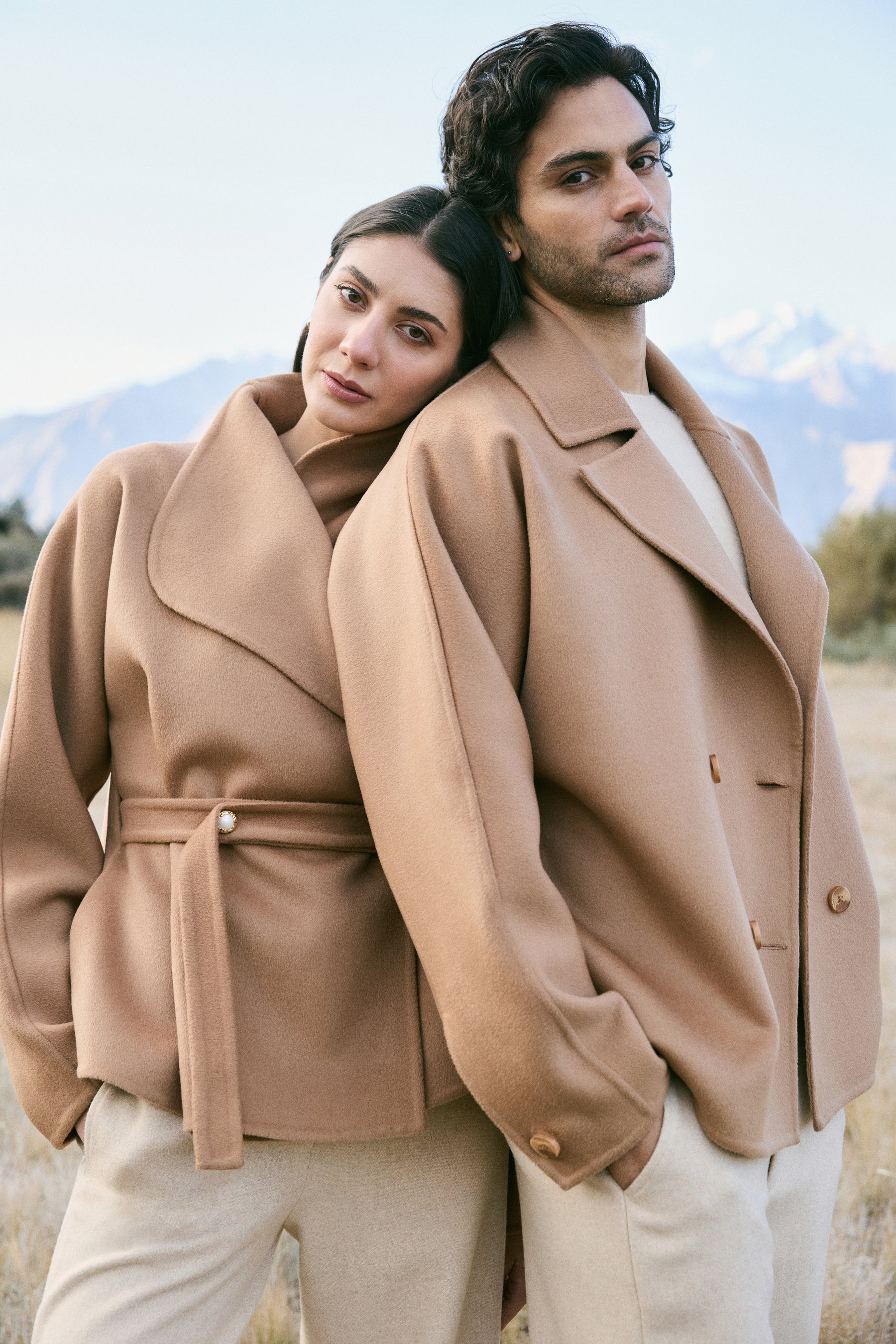 Cashmere-Silk-Merino Blend Short Coat (Warm Honey) & Merino Wool Blend New Trousers- MAN (Oatmeal)