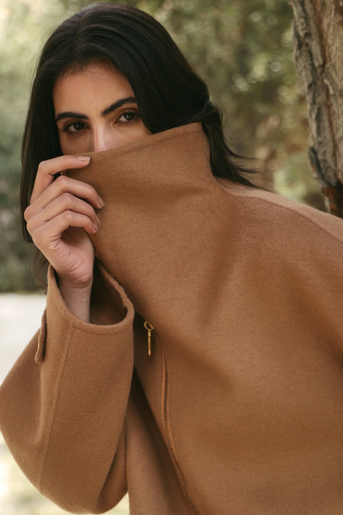 Merino Wool Blend High Neck Zip Up Jacket (Caramel)