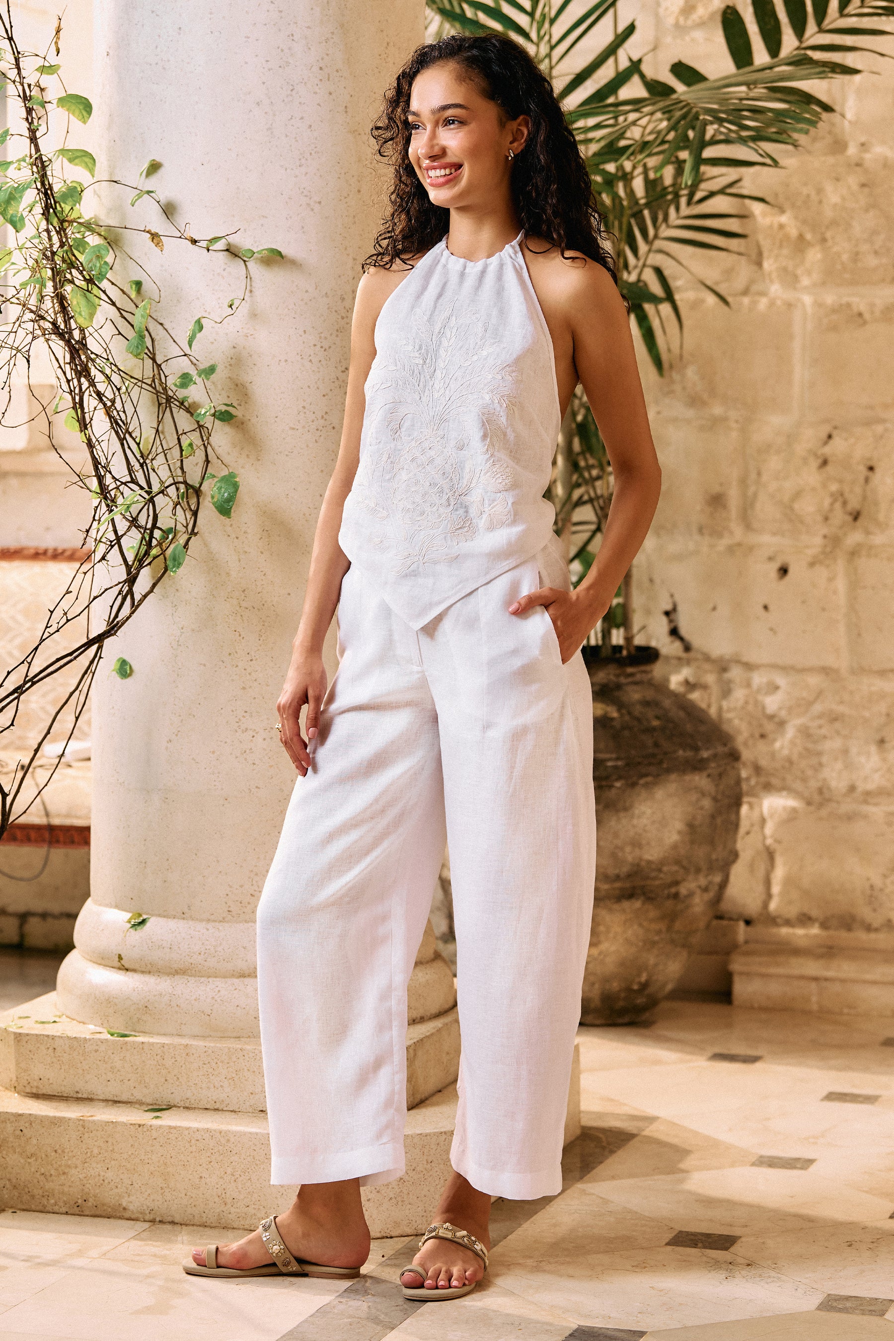 White Pineapple Bare Back Organic Linen Top