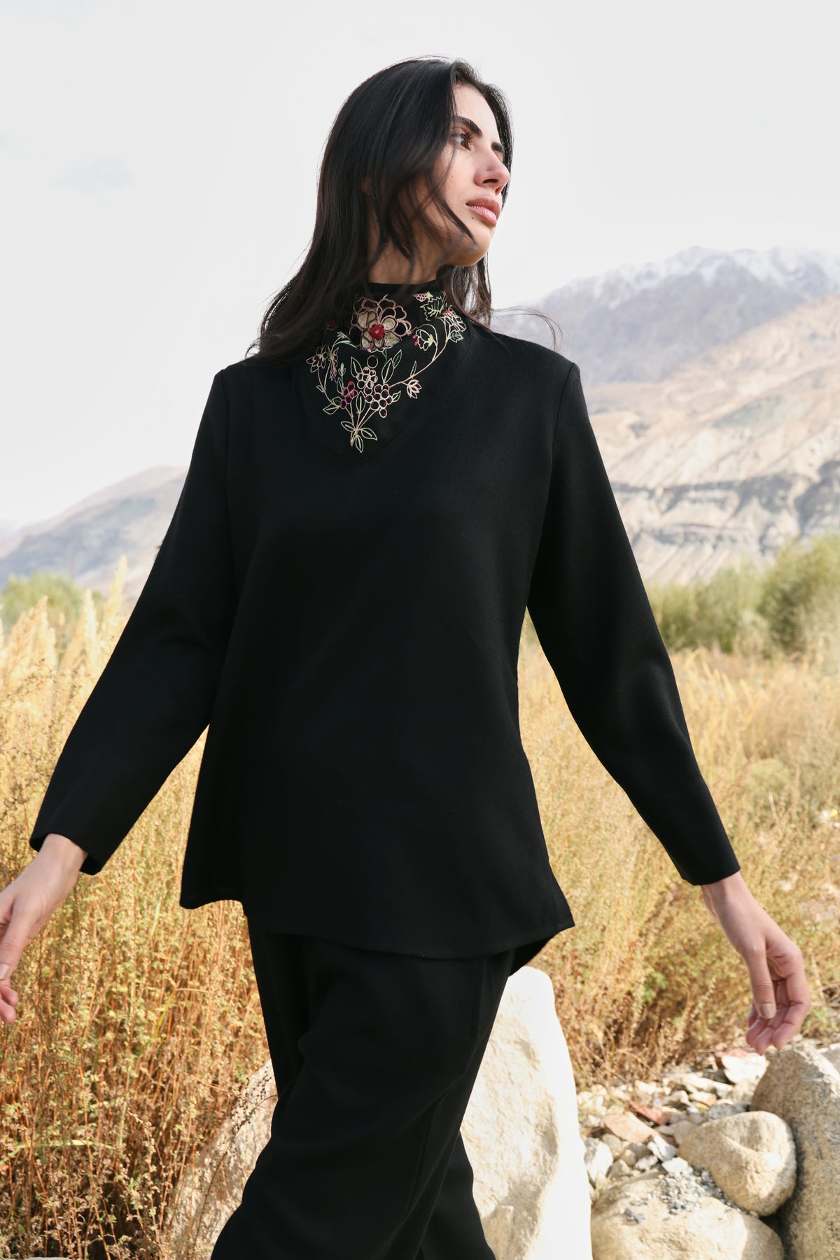 Winter Hush Button Scarf Top (Black) & Laha Woollen Pants (Black)