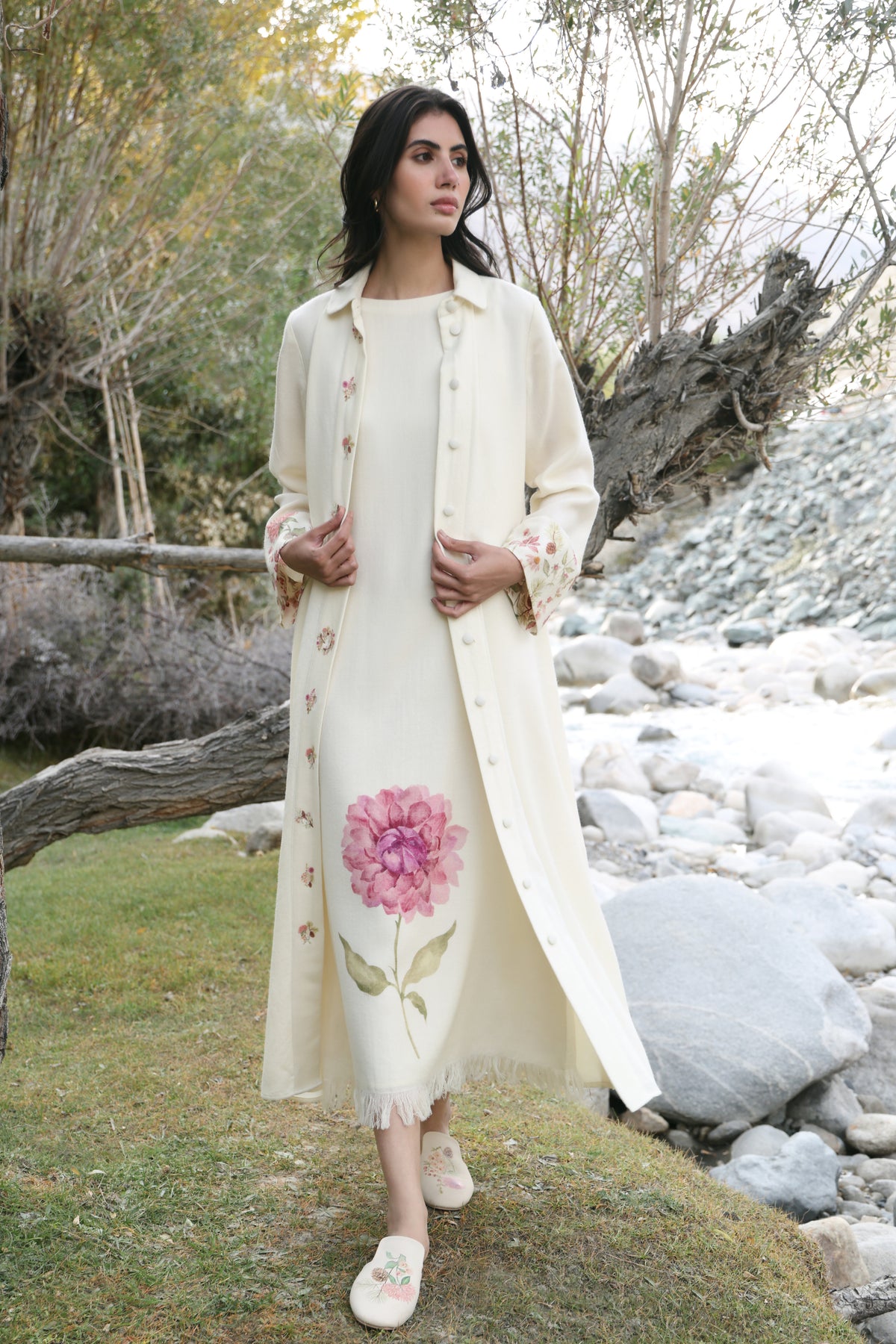 Autumn Bloom Woollen Long Shirt Dress (Ivory Alpine Botanics)