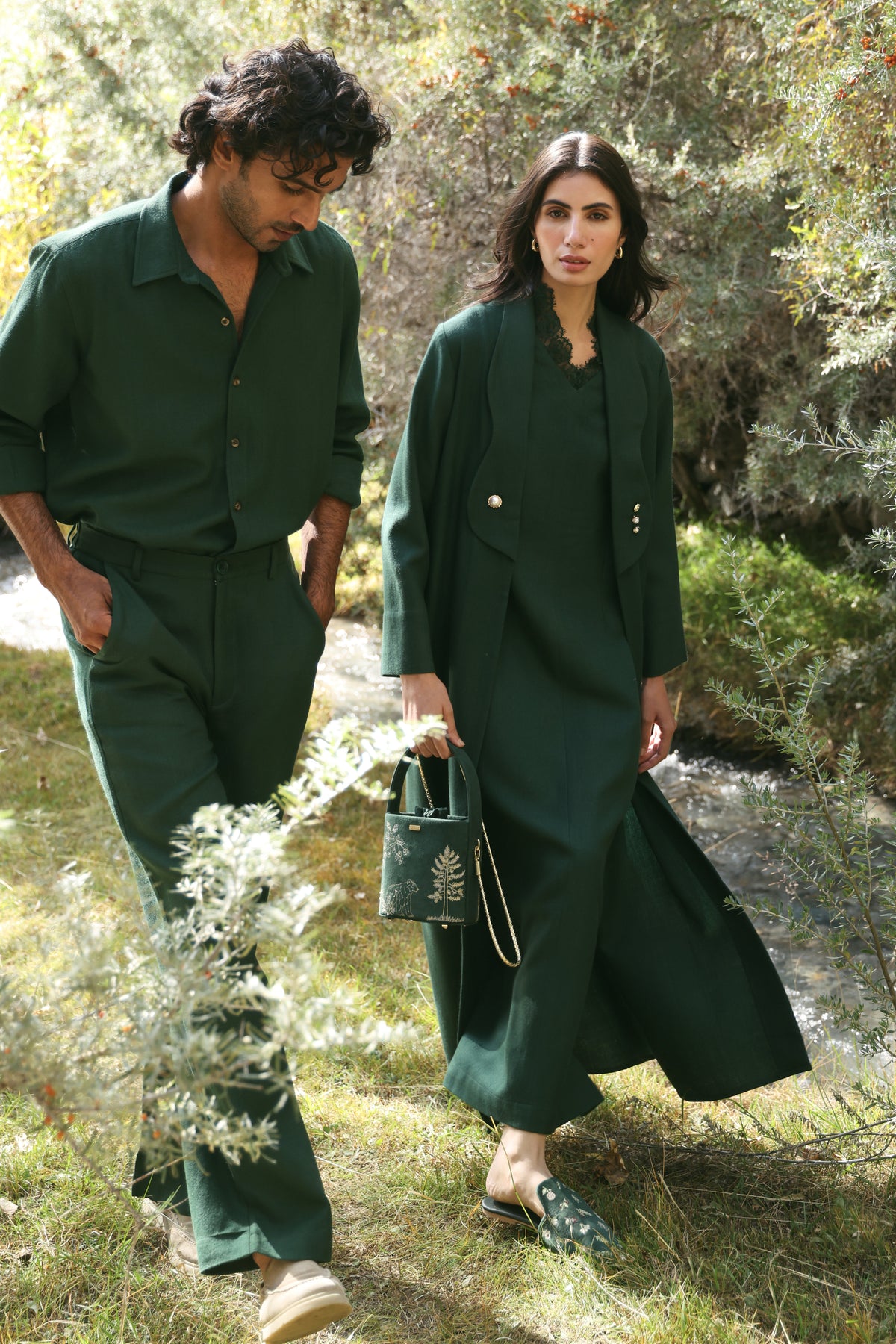 Afterglow Woollen Lace Dress (Forest Pine) & Afterglow Woollen Overlay Jacket (Forest Pine)