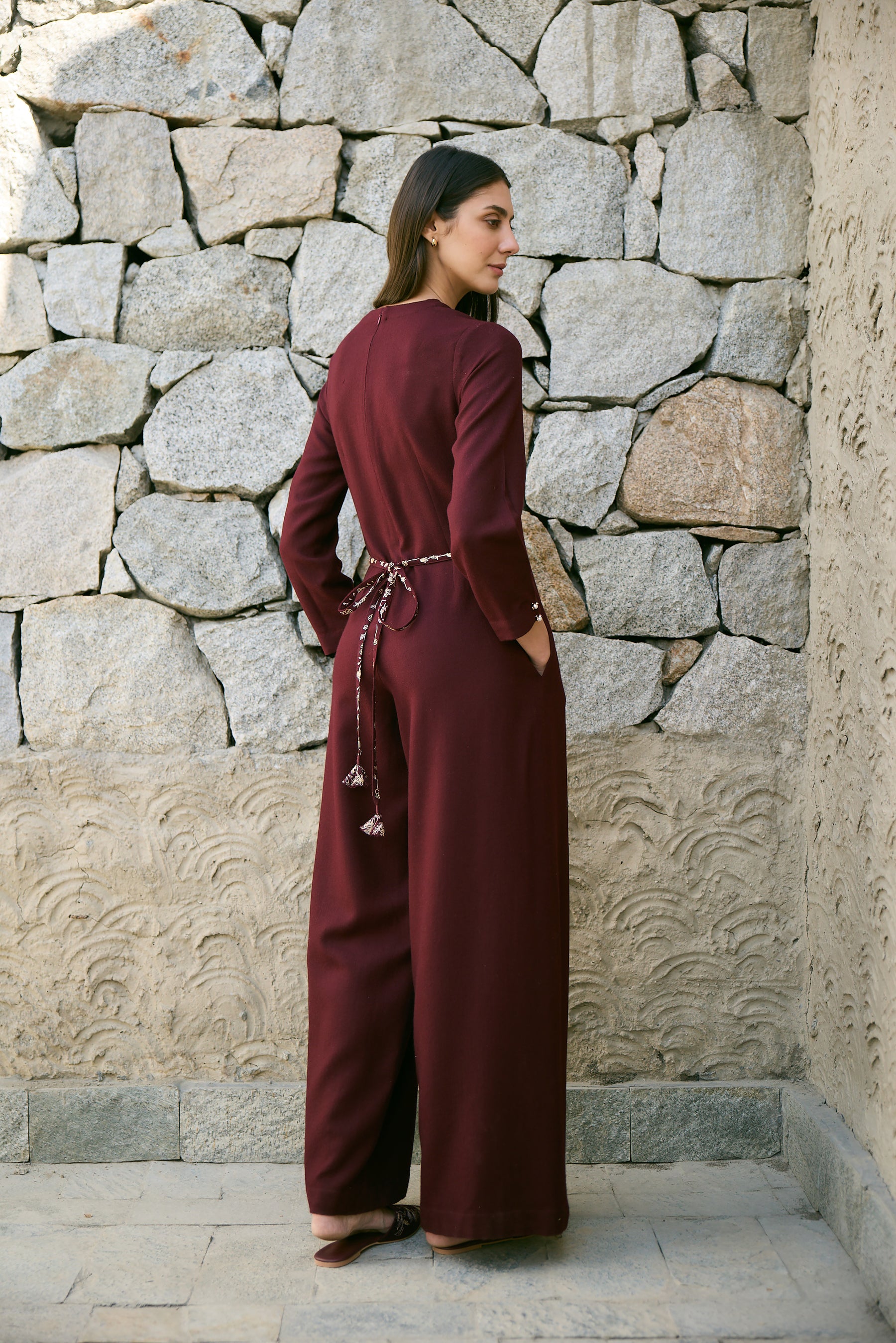 Meco Woollen Jumpsuit with Woollen Shawl (Merlot)