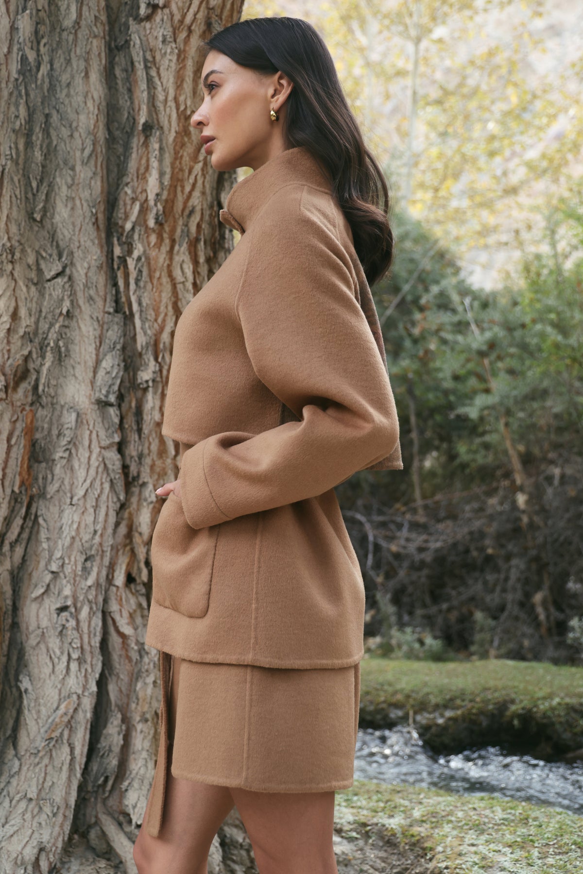 Outlands Merino Wool Blend Trench Jacket (Caramel) & Merino Wool Blend Short Skirt (Caramel)