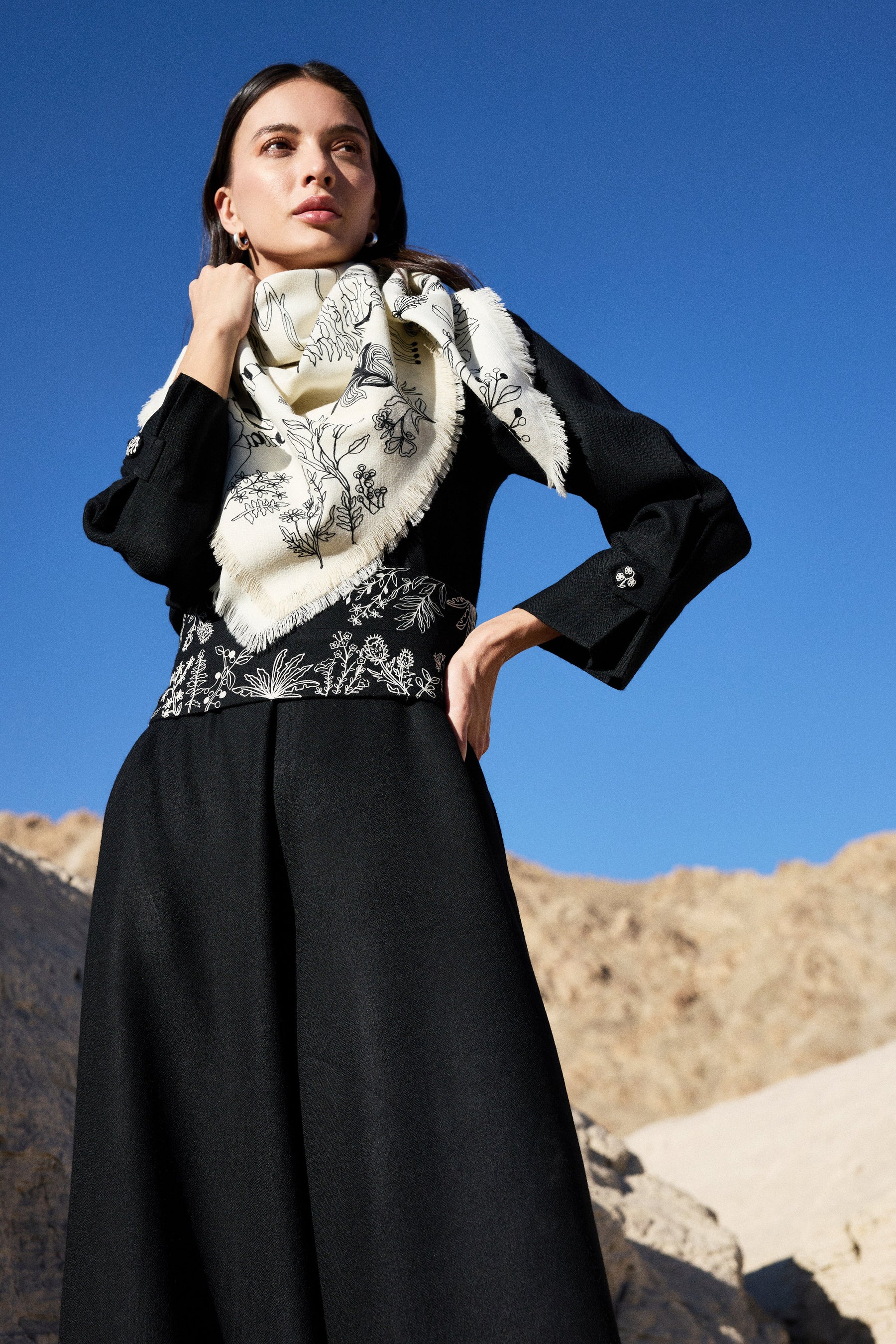 Zanskar Woollen Jumpsuit (Black) & Sand Iconic Woollen Himalayan Landscape Scarf (Ivory & Black)