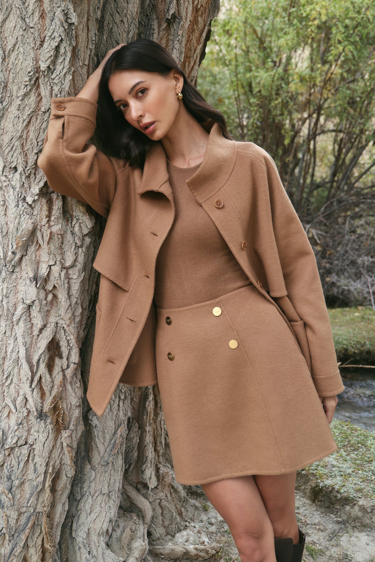 Outlands Merino Wool Blend Trench Jacket (Caramel) & Merino Wool Blend Short Skirt (Caramel)